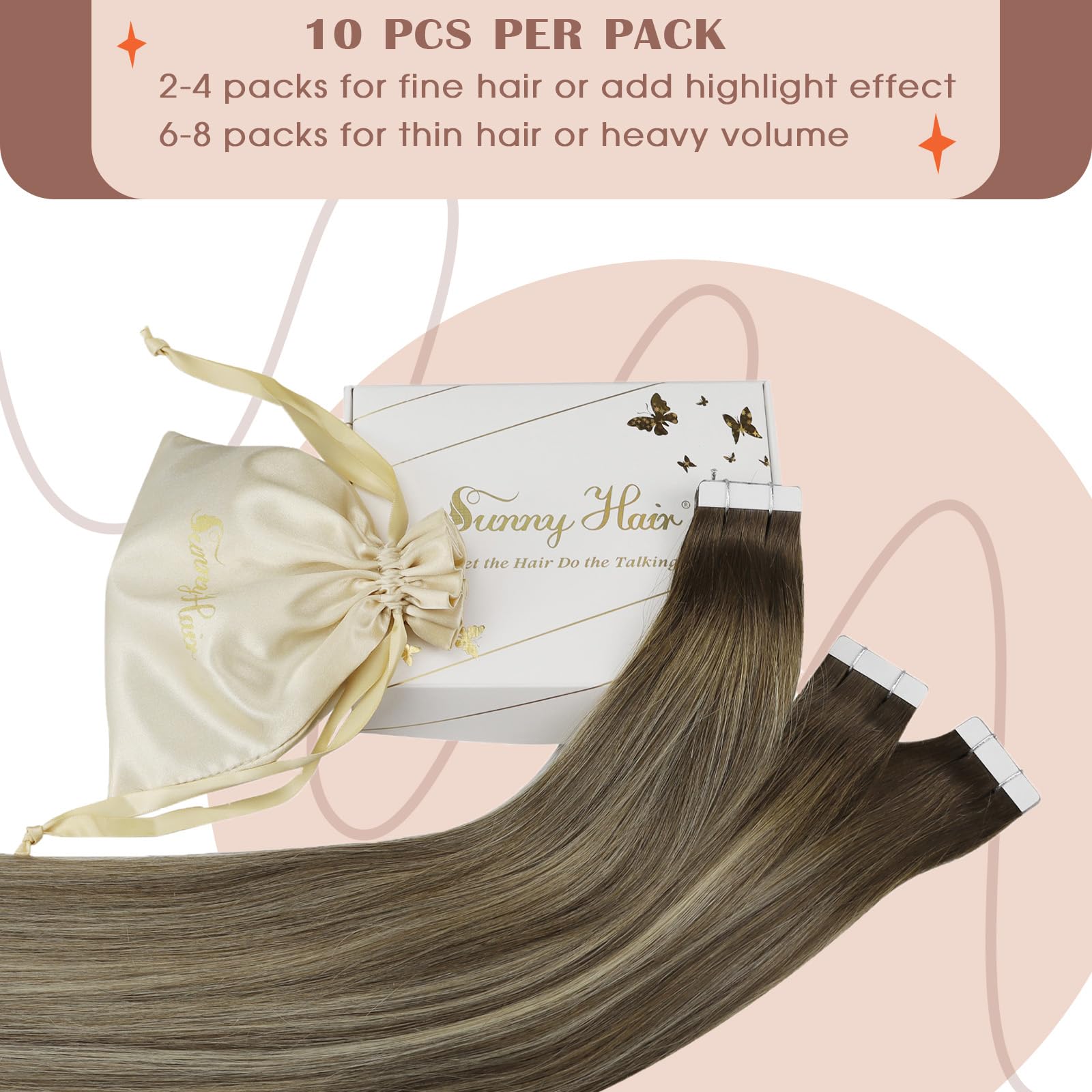 Sunny Hair Tape in Hair Extensions Real Human Hair Invisible Remy Hair Extensions Tape ins for Women Cool Brown Ombre Light Brow