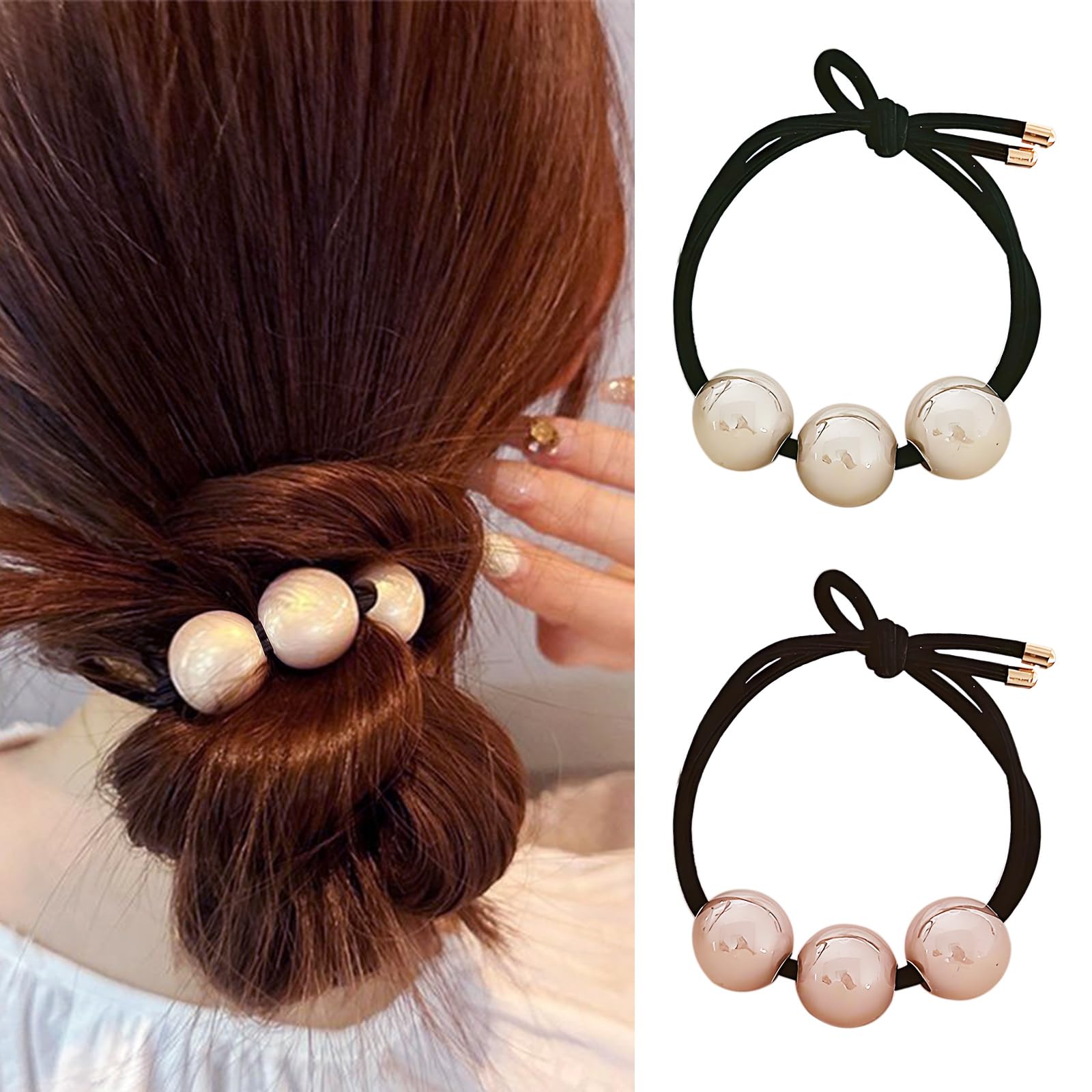 French Pearl Hair Ties for Women Elegant Hair Pearls Cotton Scrunchies White Pearl Hair Tie Pink Pearl Ponytail Holder Large Str