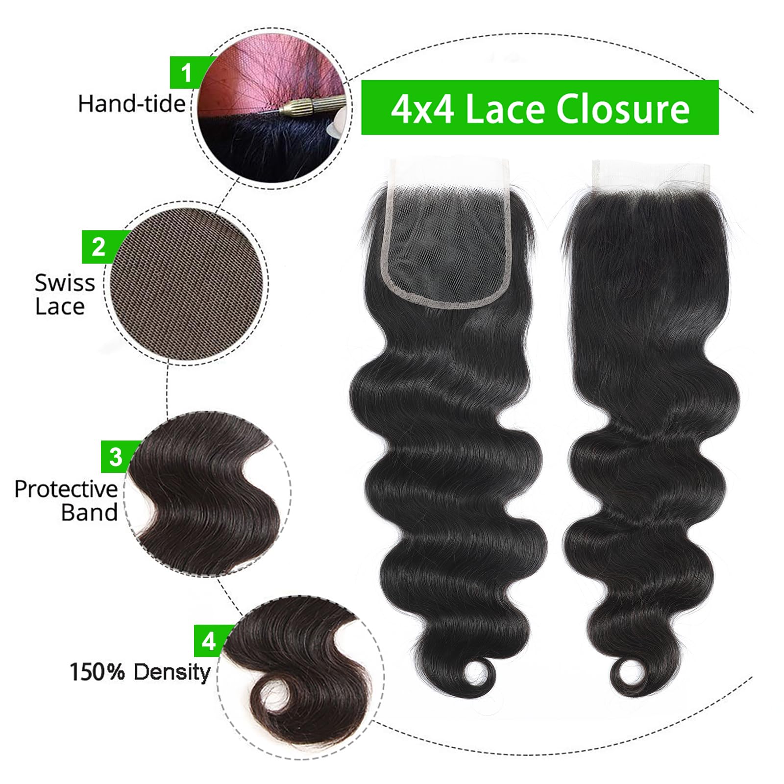 Kapelli Hair Brazilian Virgin Hair Body Wave 3 Bundles With Closure (20 22 24+20'') 10A Brazilian Remy Human Hair Bundles With C