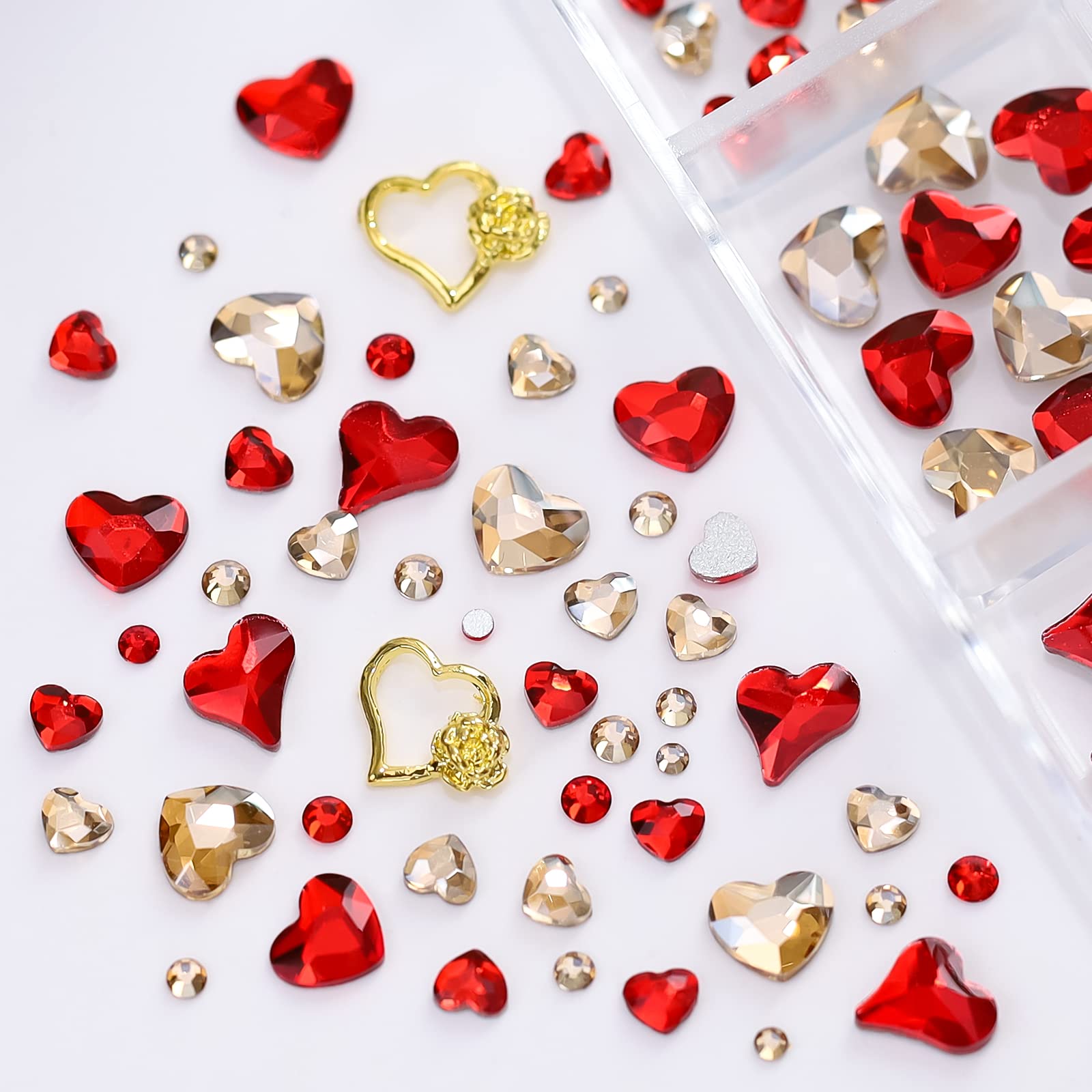 Mkwntg Red Heart Nail Charms Valentine'S Day Luxury Nail Art Rhinestones 3D Glitter Nail Jewelry Red Gold Round Beads Flat Back