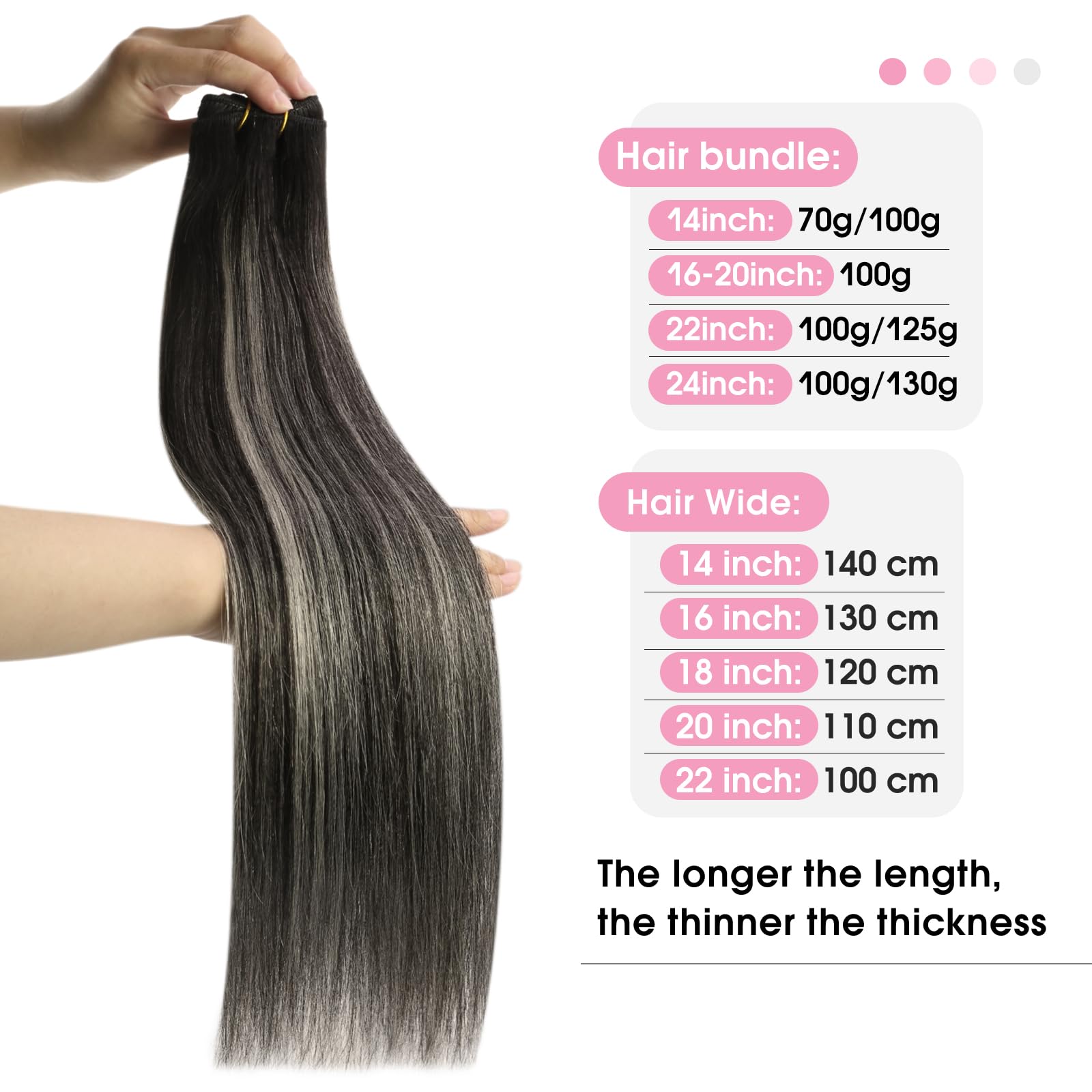 YoungSee 24 Inch Sew in Human Hair Extensions Ombre Black Weft Real Hair Extensions Blend of Black and Silver with Black Roots S