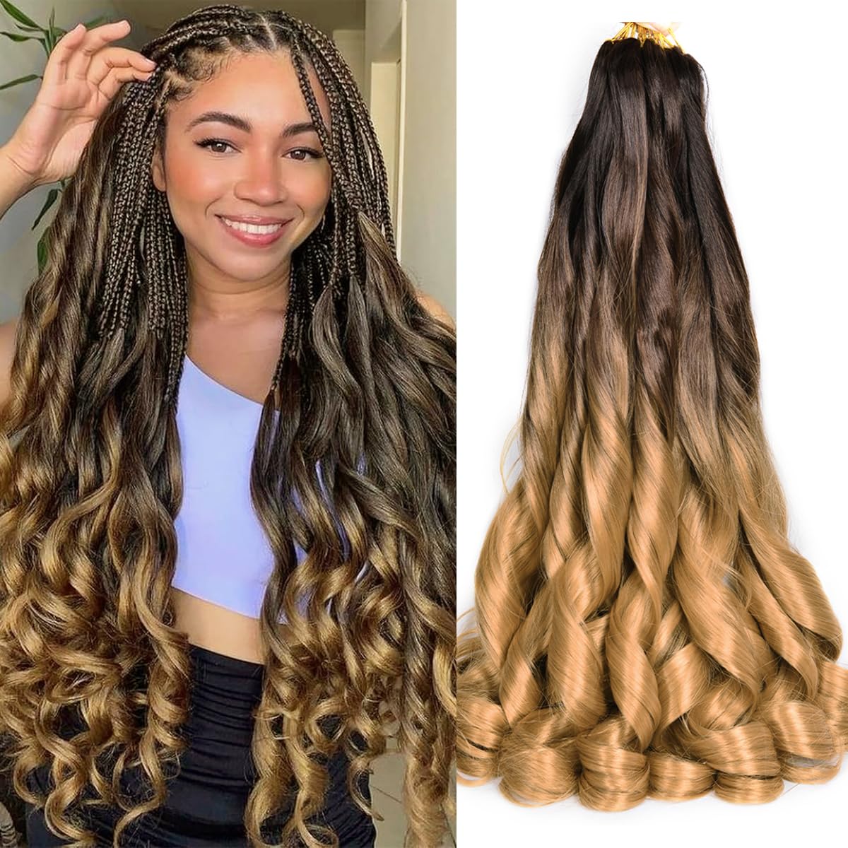 French Curl Braiding Hair, 24 Inch OT4/27 Ombre Blonde Curly Braiding Hair Pre Stretched 75g/pack 8 Packs Bouncy Braids Hair for