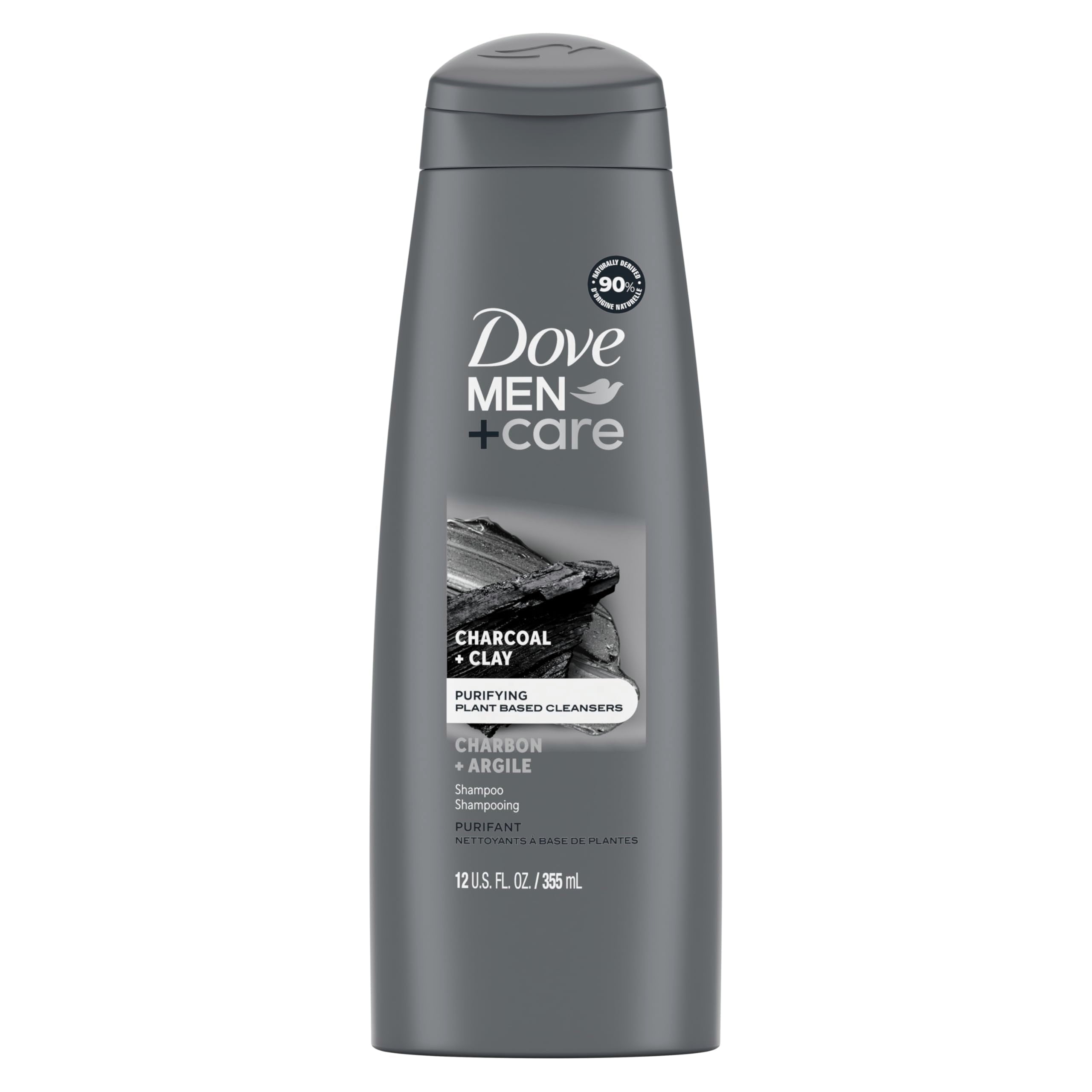 DOVE MEN + CARE Shampoo Charcoal + Clay for Healthy-Looking Hair Naturally Derived Plant Based Cleansers 12 oz