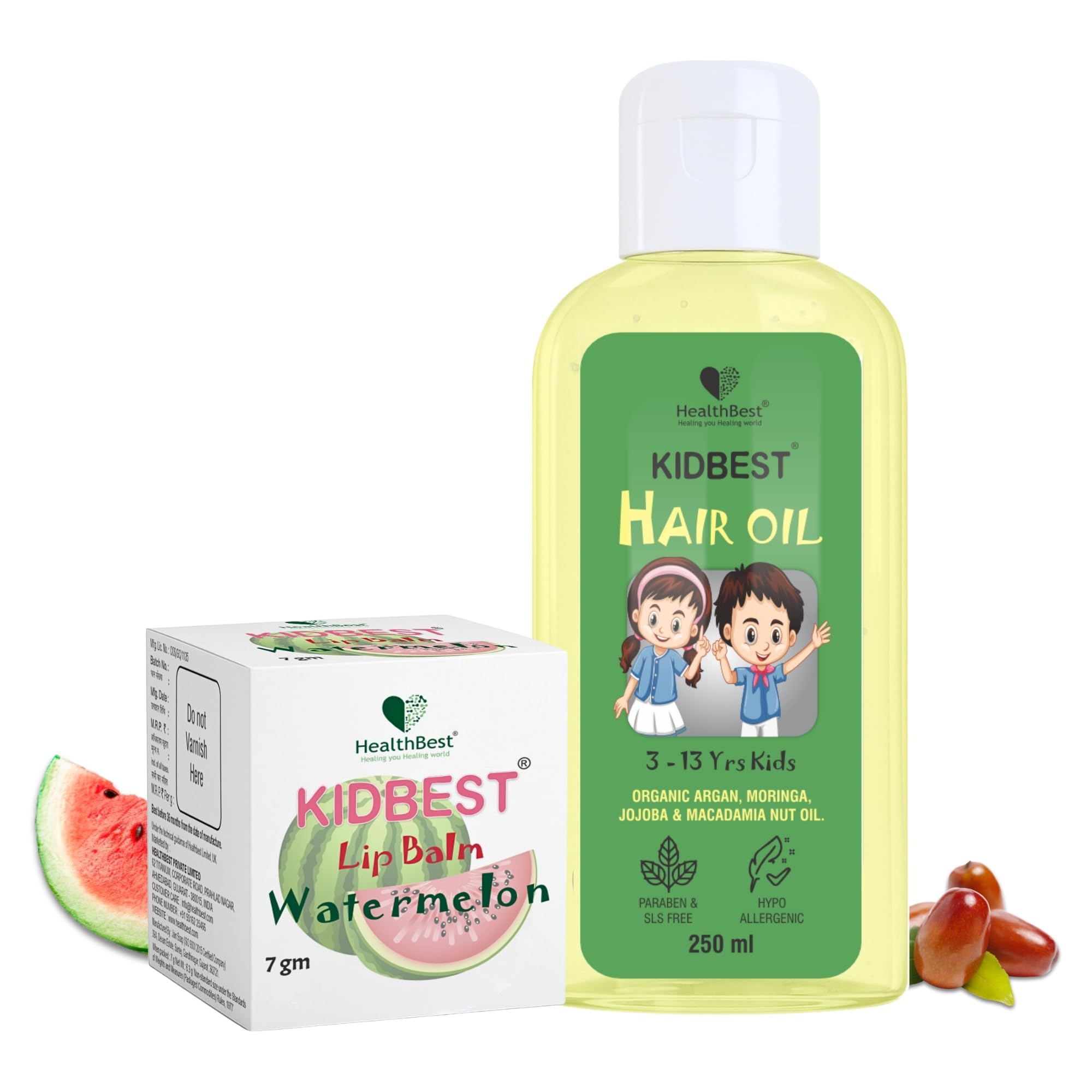 Healthbest Kids Lip Balm 7Gm & Hair Oil 250Ml Combo For 3-13 Years Baby | Nourishing Hair Oil & Lip Care | Safe For Kids | Soft 
