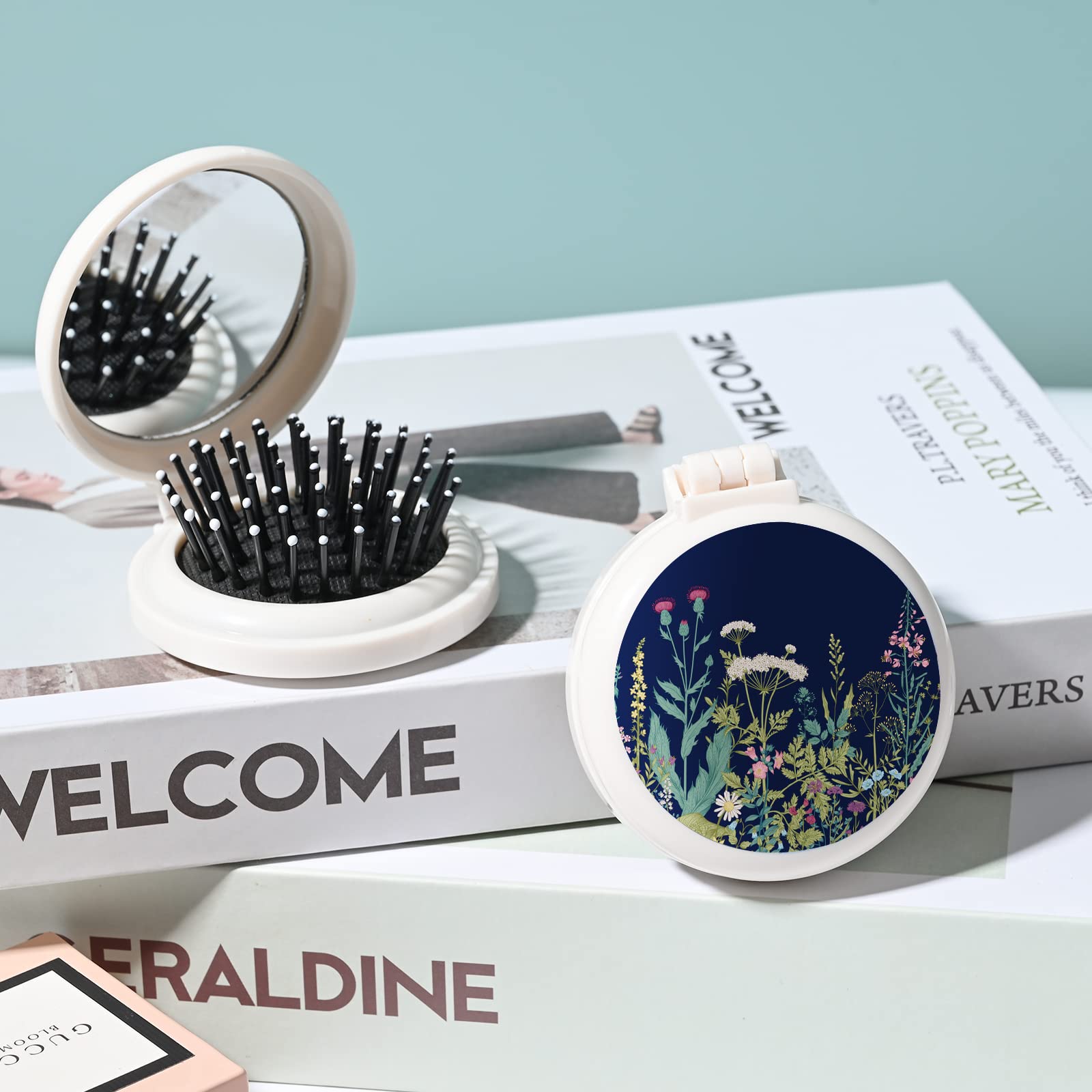Mini Hairbrush, Pocket Hairbrush With Mirror, Portable For Purse/Pocket, Travel Size (Black Flowers And Plants)