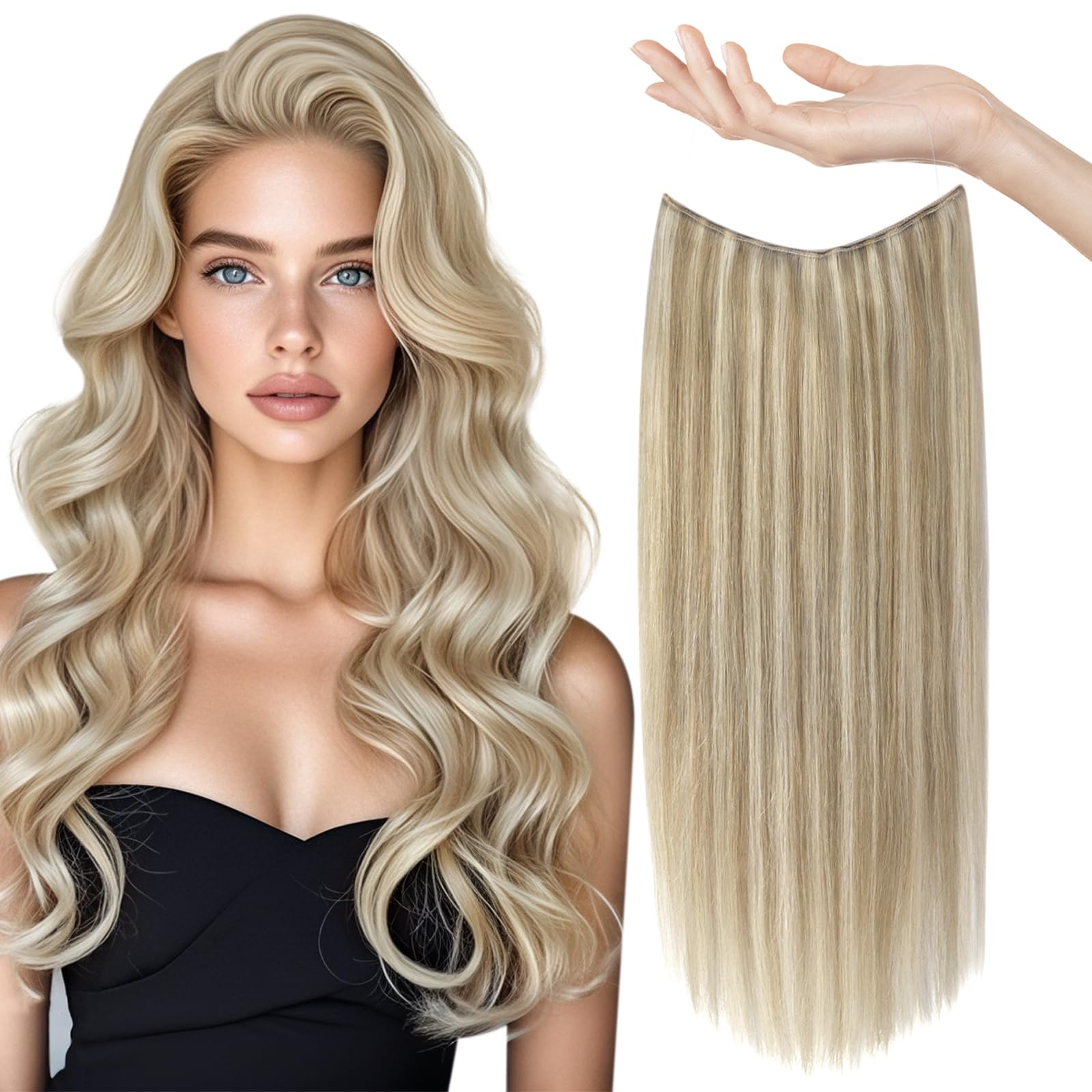 Sunny Wire Hair Extensions Real Human Hair Fish Line Human Hair Extensions Invisible Wire Extensions Lightest Brown with Platinu