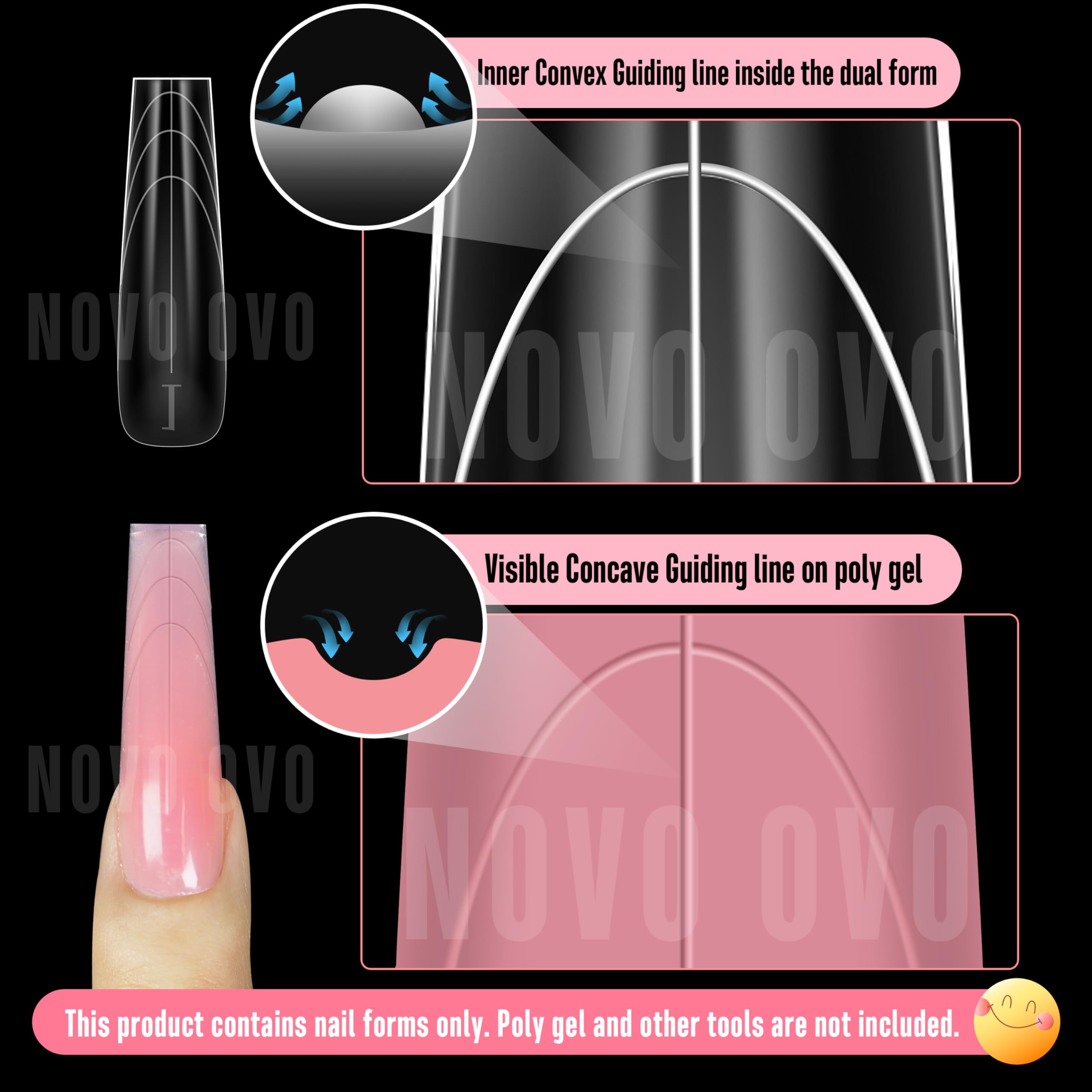 NOVO OVO Tapered Square (Sculpted) Nail Dual Forms for Poly Gel Extension with Guiding Line Inside, XL XXL Reusable Full Cover A