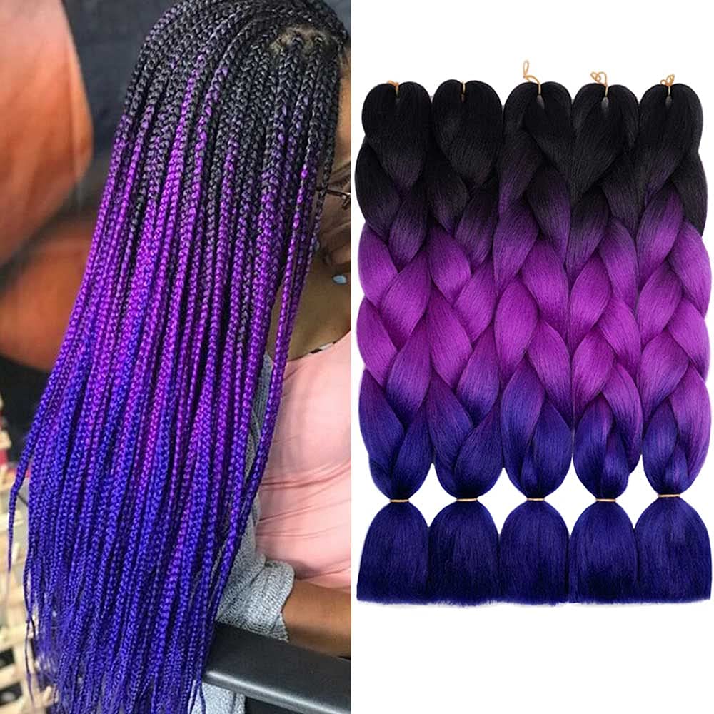 AIDUSA Ombre Braiding Hair Puprle Braiding Hair Extensions 5pcs Synthetic 24 Inch 3 Tone Jumbo Braiding Hair Black to Purple Cro