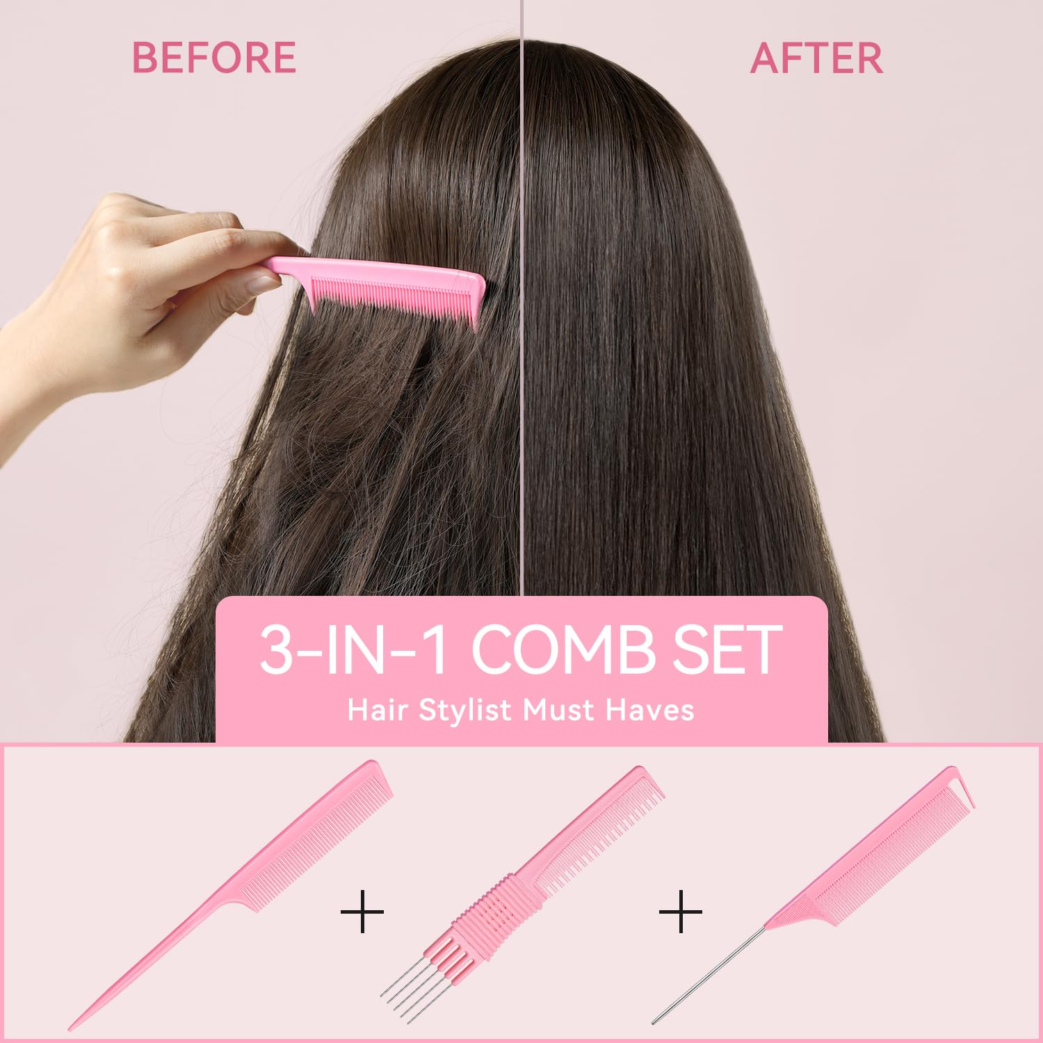 Tsmaddts Hair Combs Set, 3Pcs Fine Tooth Rat Tail, Parting, Lift Teasing Combs For Women And Men Hair Styling