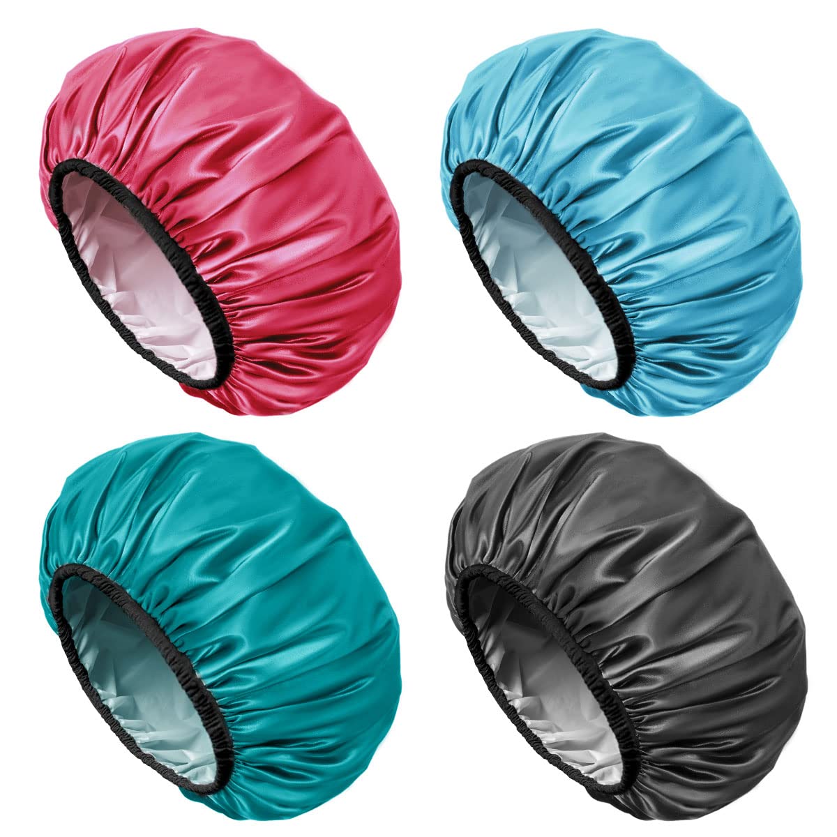 Aquior Shower Cap For Women Reusable, Extra Large Shower Cap For Men,Satin Eva Double Layer Waterproof Hair Cap For Long Hair, 4