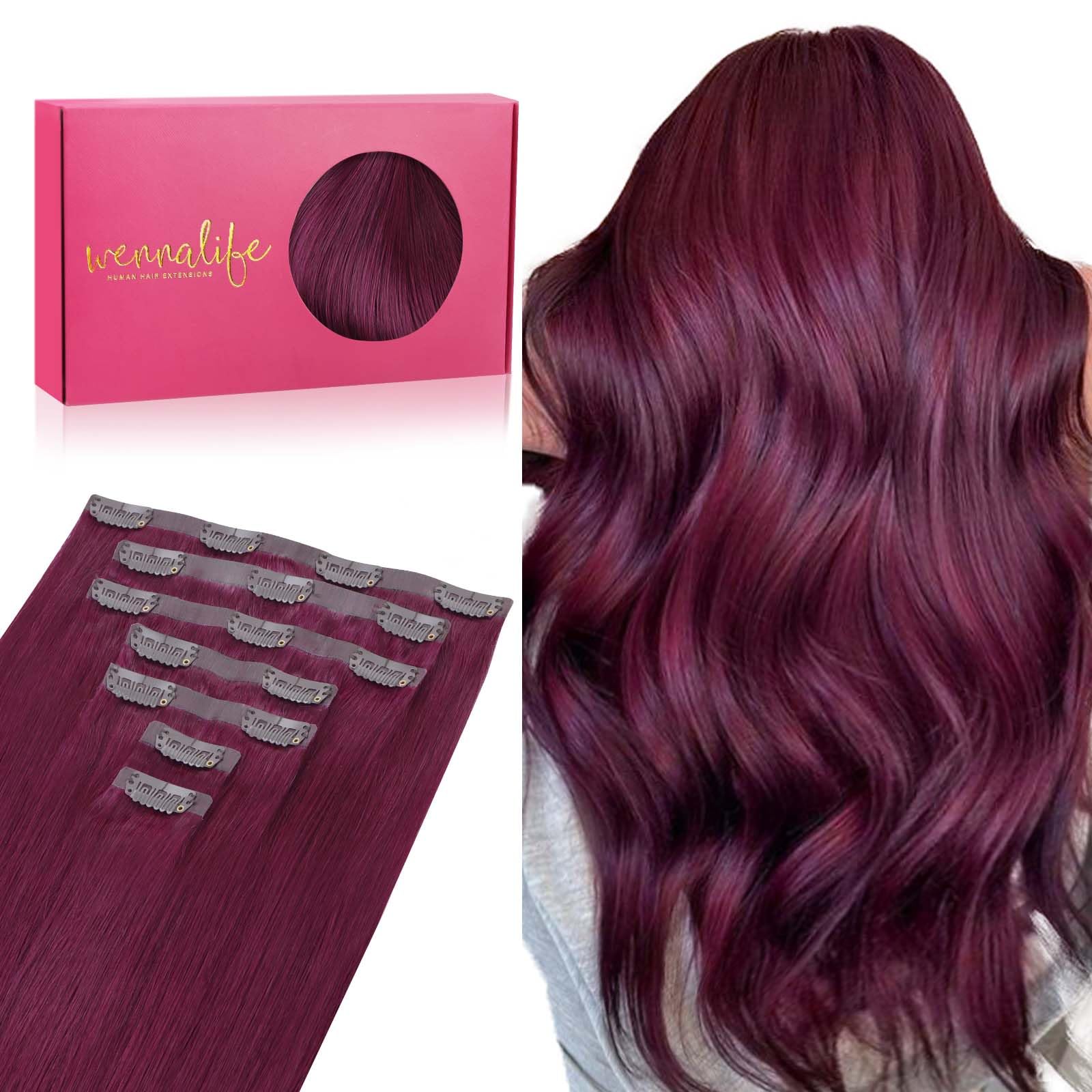 Wennalife Seamless Clip In Hair Extensions Human Hair, 18 Inch 130G 7Pcs Light Burgundy Real Hair Extensions Clip In Human Hair