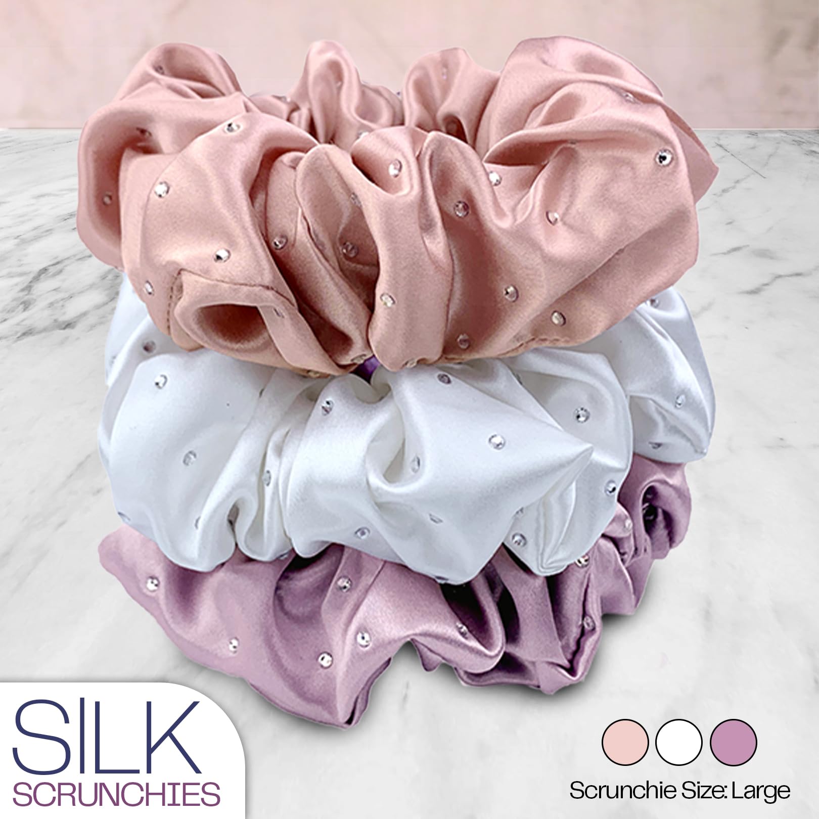 Celestial Silk Mulberry Silk Scrunchies For Hair (Lavender, White, Pink With Rhinestones)