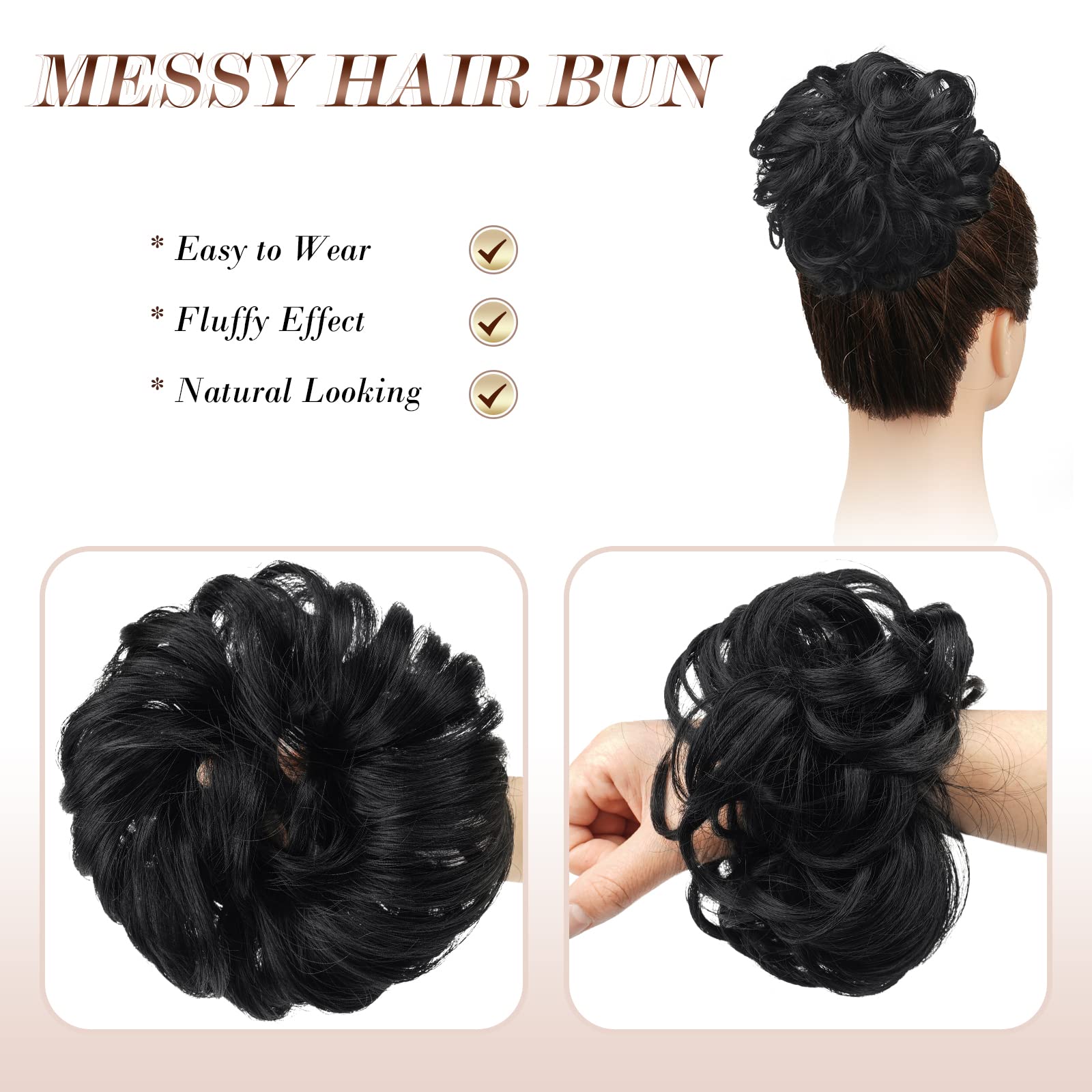 Feshfen Messy Bun Hair Piece Hair Bun Scrunchies Synthetic Jet Black Wavy Chignon Ponytail Hair Extensions Thick Updo Hairpieces
