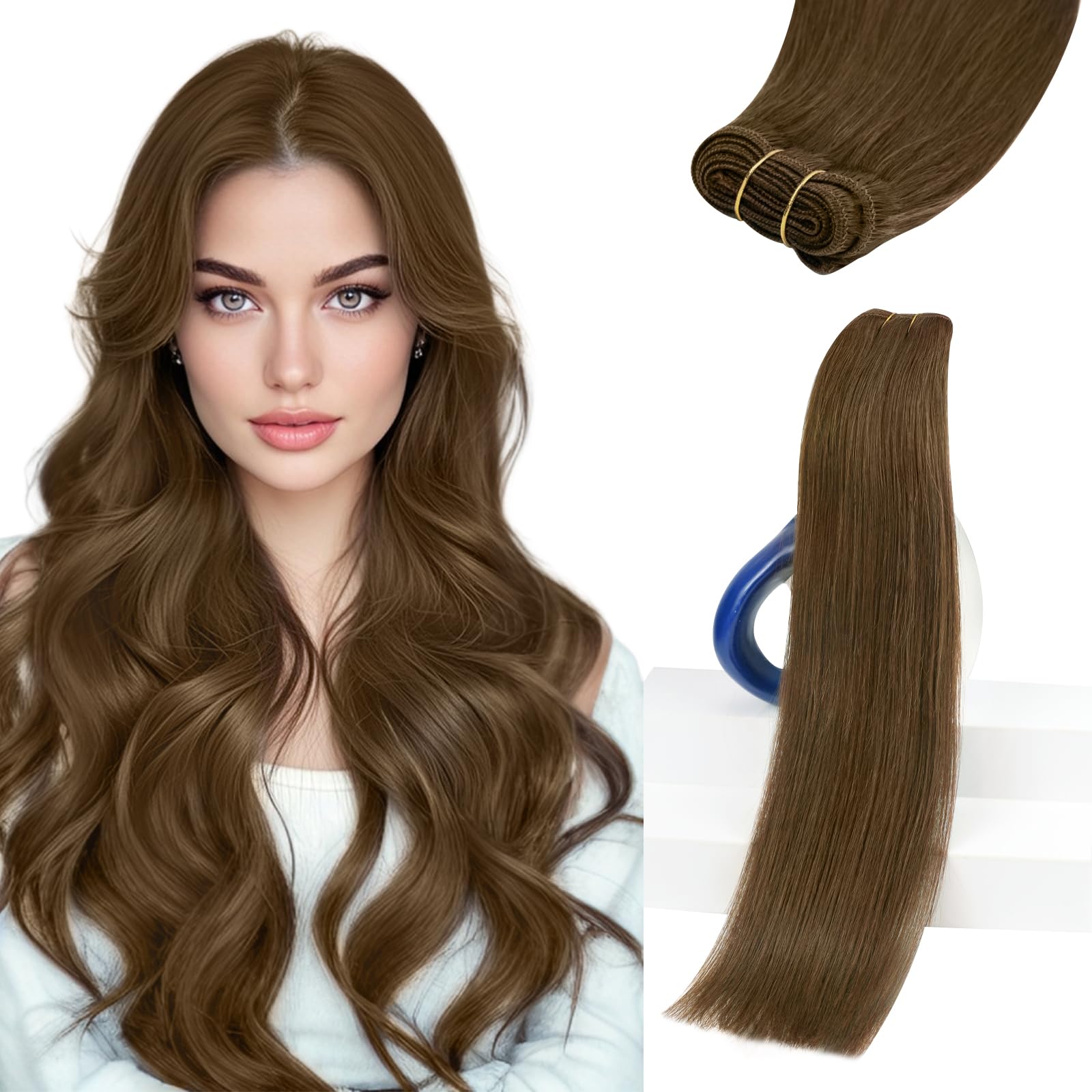Sunny Hair Sew in Hair Extensions Real Human Hair 18 Inch Light Brown Double-Wefted Bundles Hand Tied Weft for Women Add Hair Vo