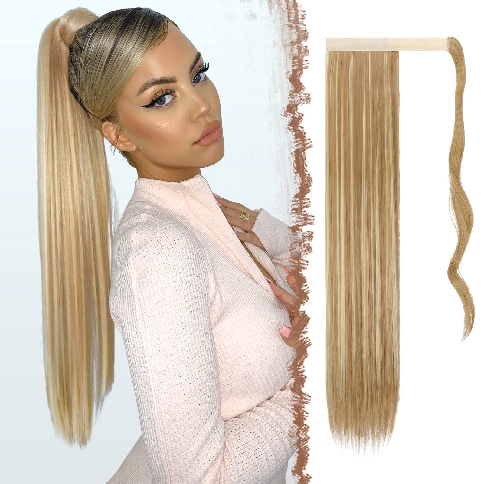 Feshfen Straight Long Ponytail Extensions 28 Inch Wrap Around Synthetic Hair Piece Pony Tail Hair Extensions Hairpieces For Wome