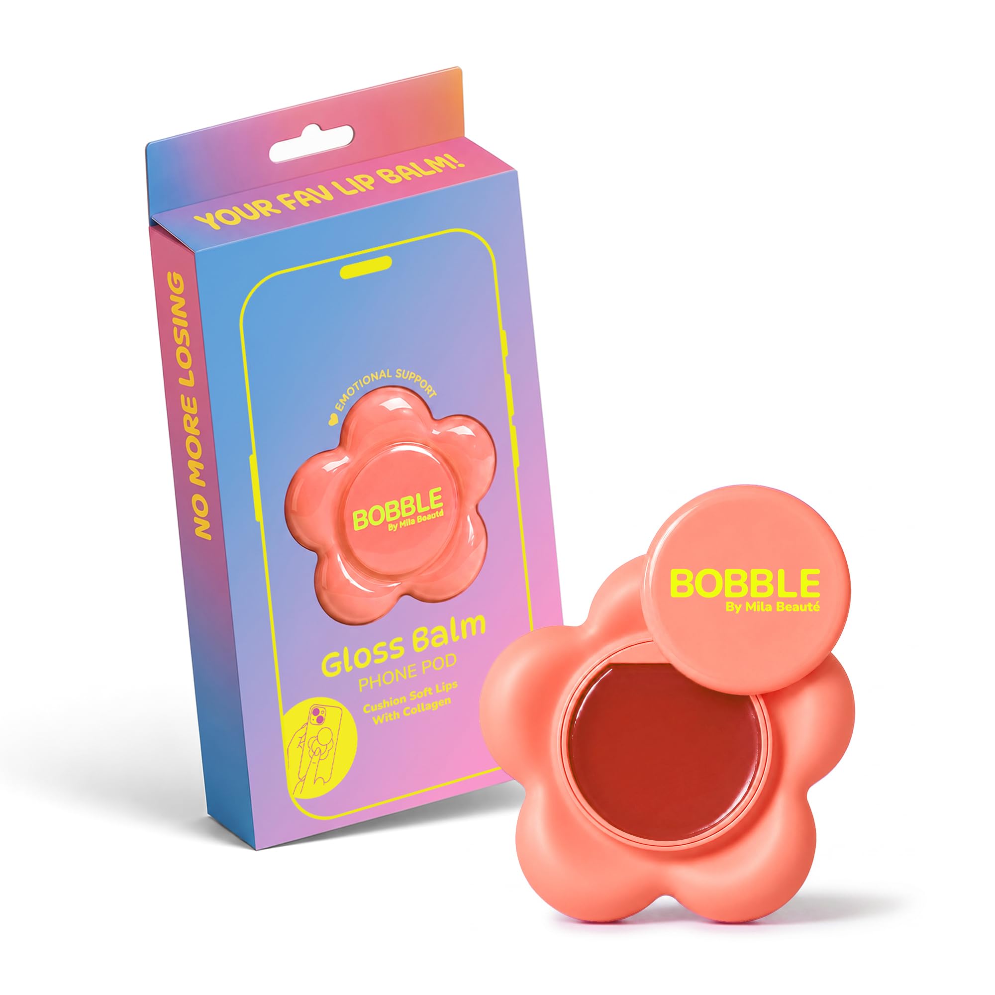Mila Beaut Bobble Gloss Balm Phone Pod | Cushion Soft Lips With 6Peptide Complex & Collagen | Natural Tinted Glossy Finish | No