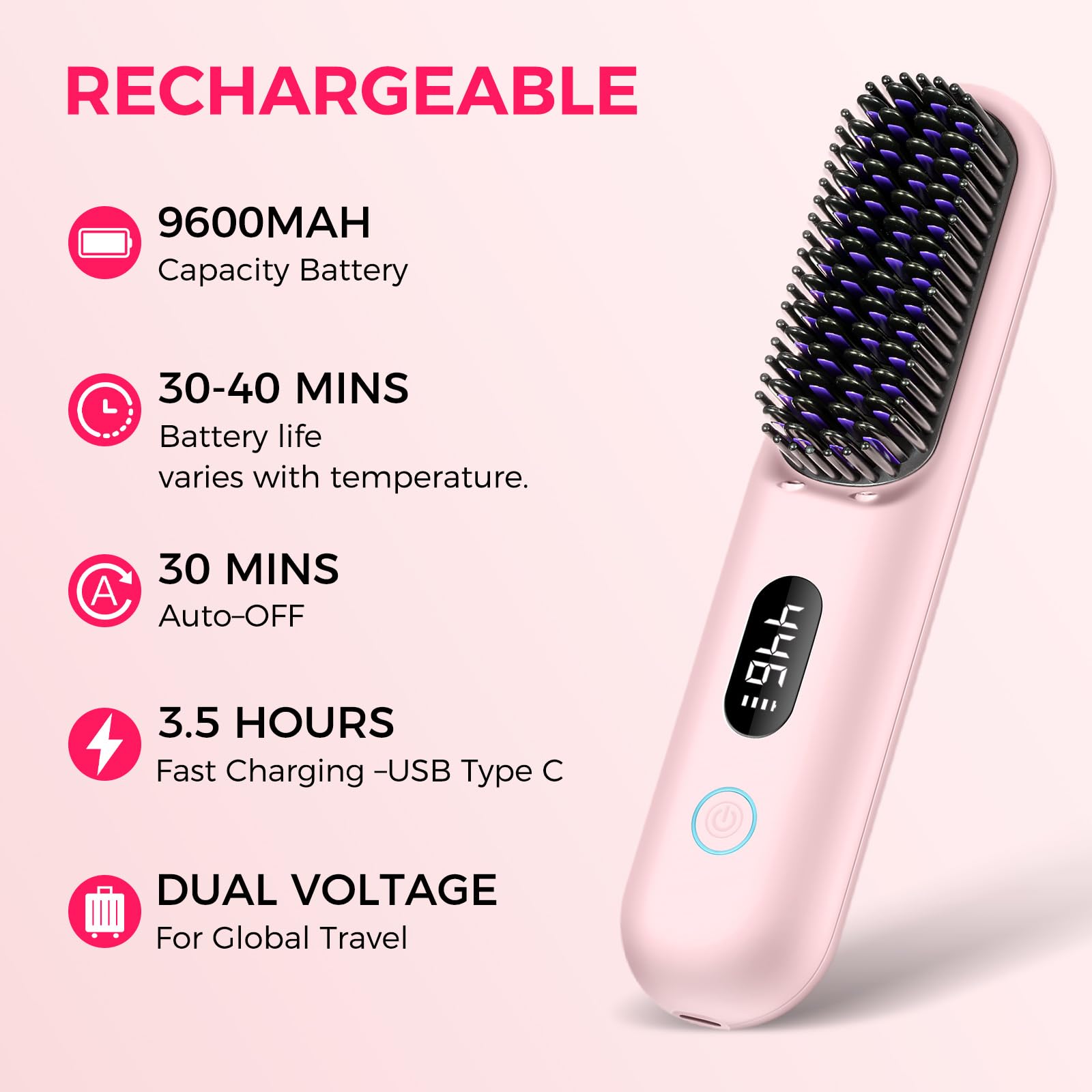 Cordless Hair Straightener Brush, Portable Mini Straightening Brush for Travel, Negative Ionic Hot Comb Straightener, Rechargeab
