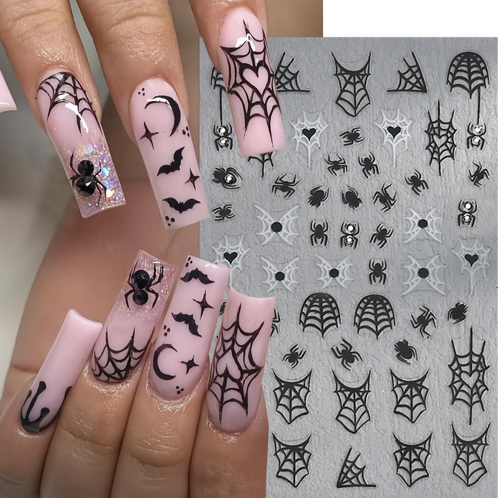 6Pcs Halloween Nail Stickers 3D Self-Adhesive Pink White Ghost Nail Decals Funny Spider Web Nail Art Stickers With Rhinestones N