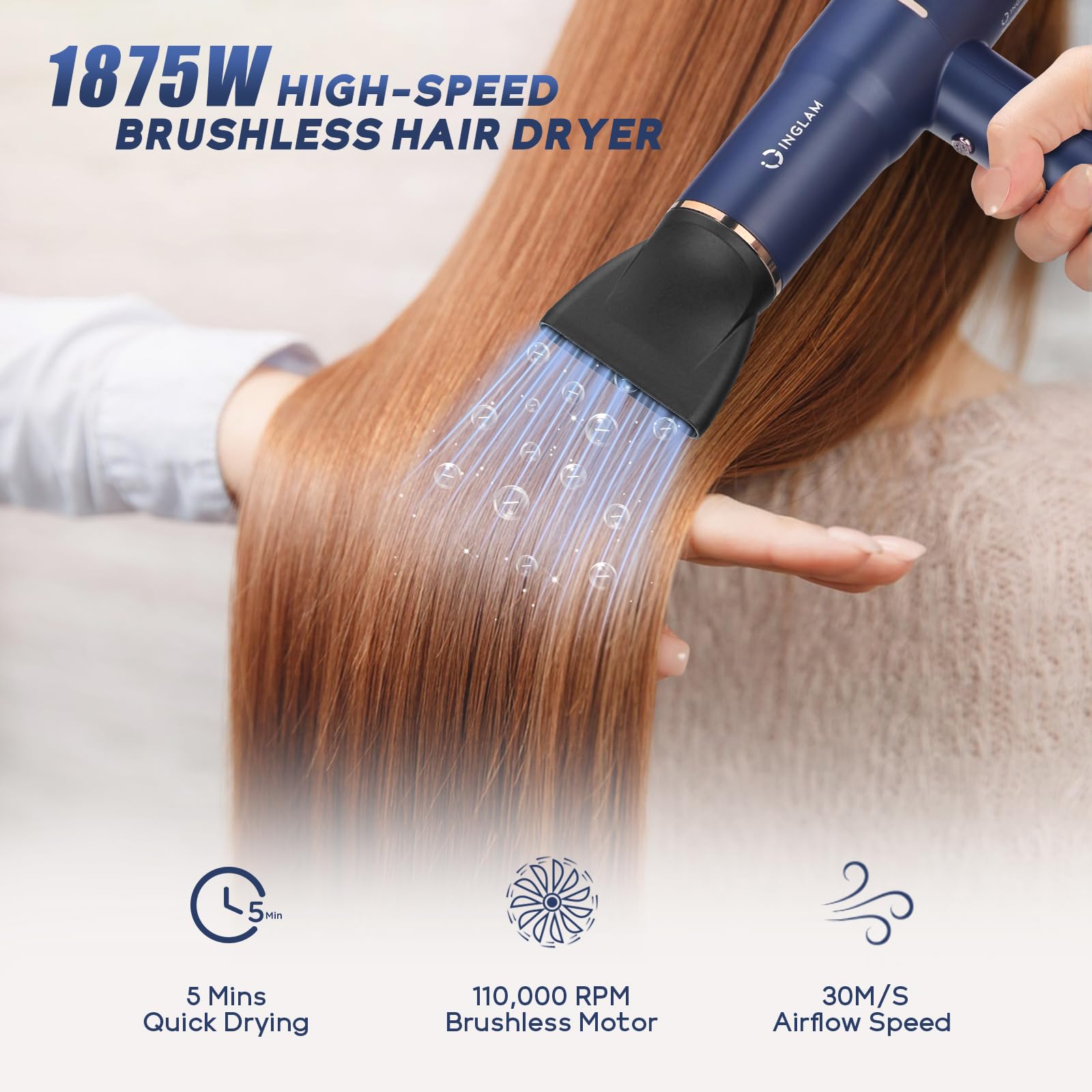 Diffuser Hair Dryer, IG INGLAM Professional Blow Dryer 110,000 RPM High Speed Brushless Motor Negative Ion Low Noise Constant Te