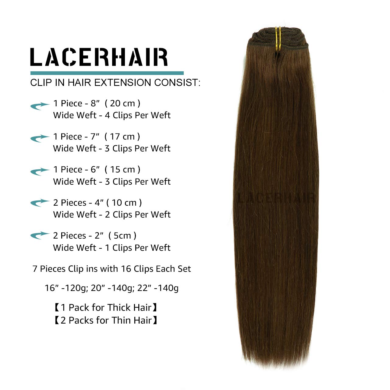 Lacer Hair Extensions Clip In Real Human Hair Extensions 140g 7 Pieces Silky Straight Weft Remy Human Hair Clip in Hair Extensio