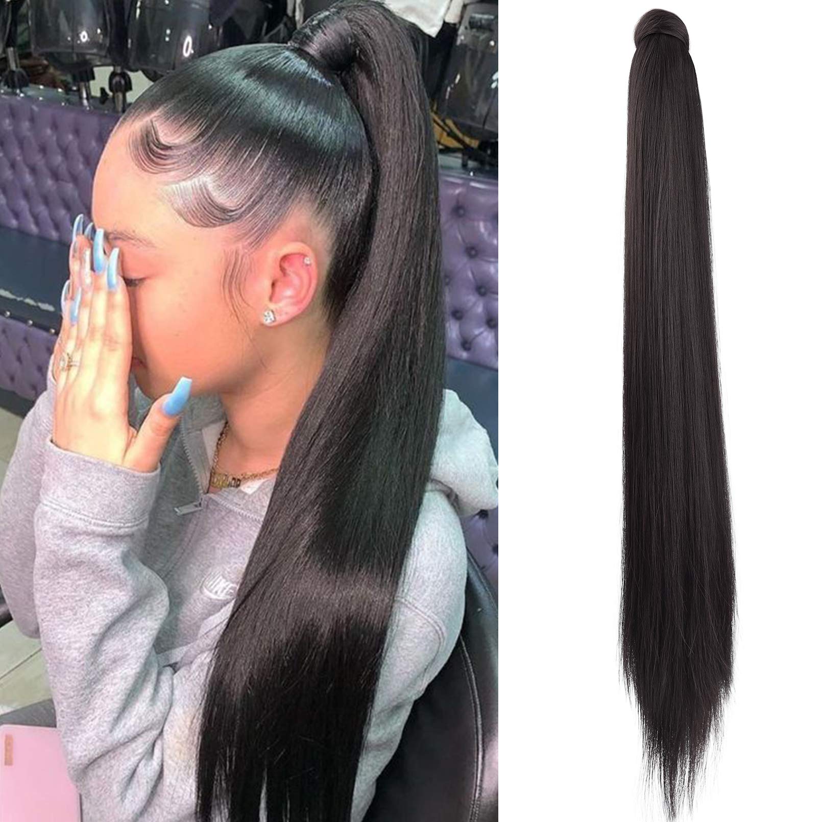 SEIKEA Ponytail Extension Clip in Wrap Around Long Straight Pony Tail Hair Synthetic Hairpiece for Women 30 Inch Color Black Bro