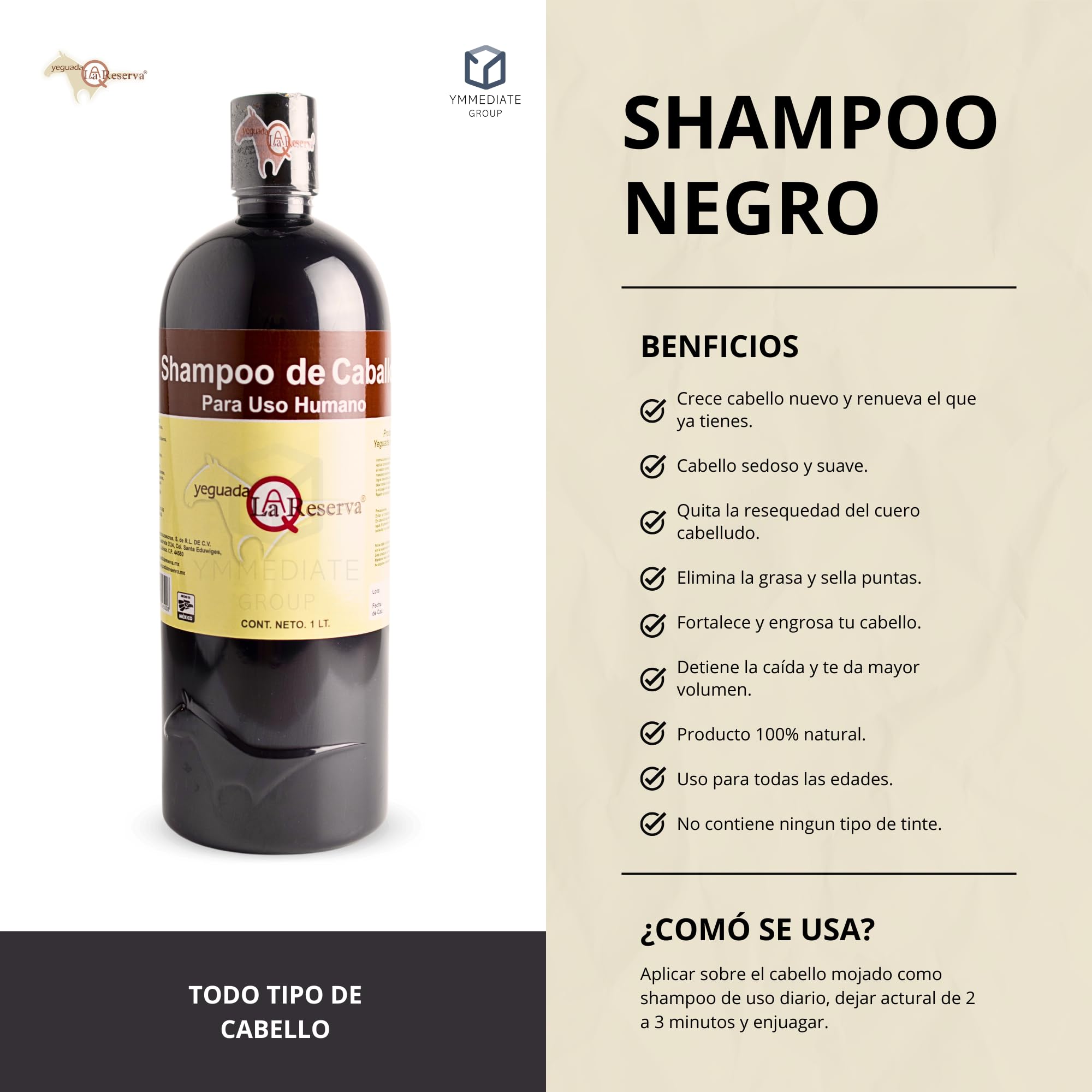 Yeguada La Reserva Shampoo for Dark Hair - 1L Bottle, Strong & Healthy Hair, Model CH011