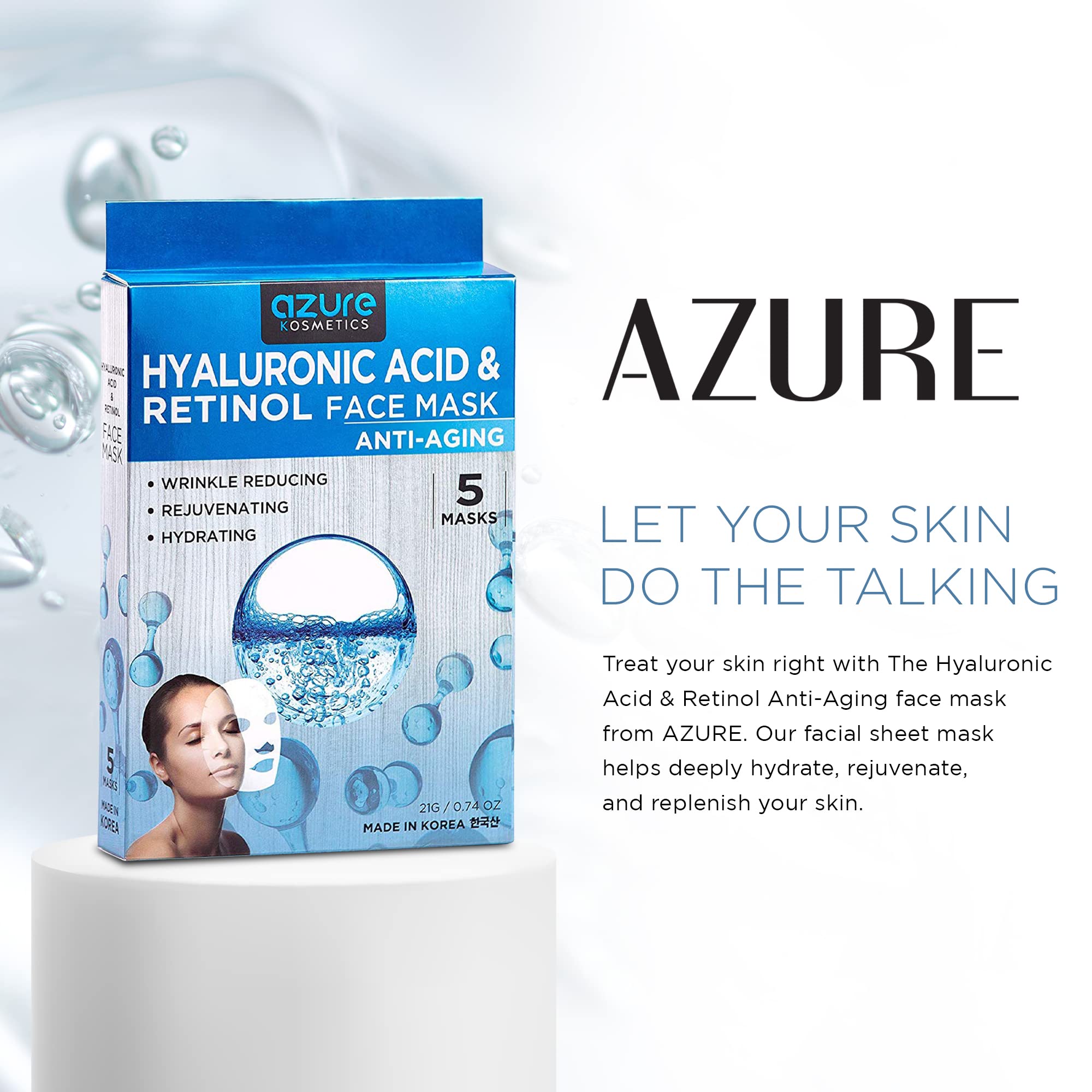 Azure Hyaluronic Acid & Retinol Anti Aging Facial Mask - Dermatologist Tested - Rejuvenating & Hydrating Face Mask - Helps Reduc