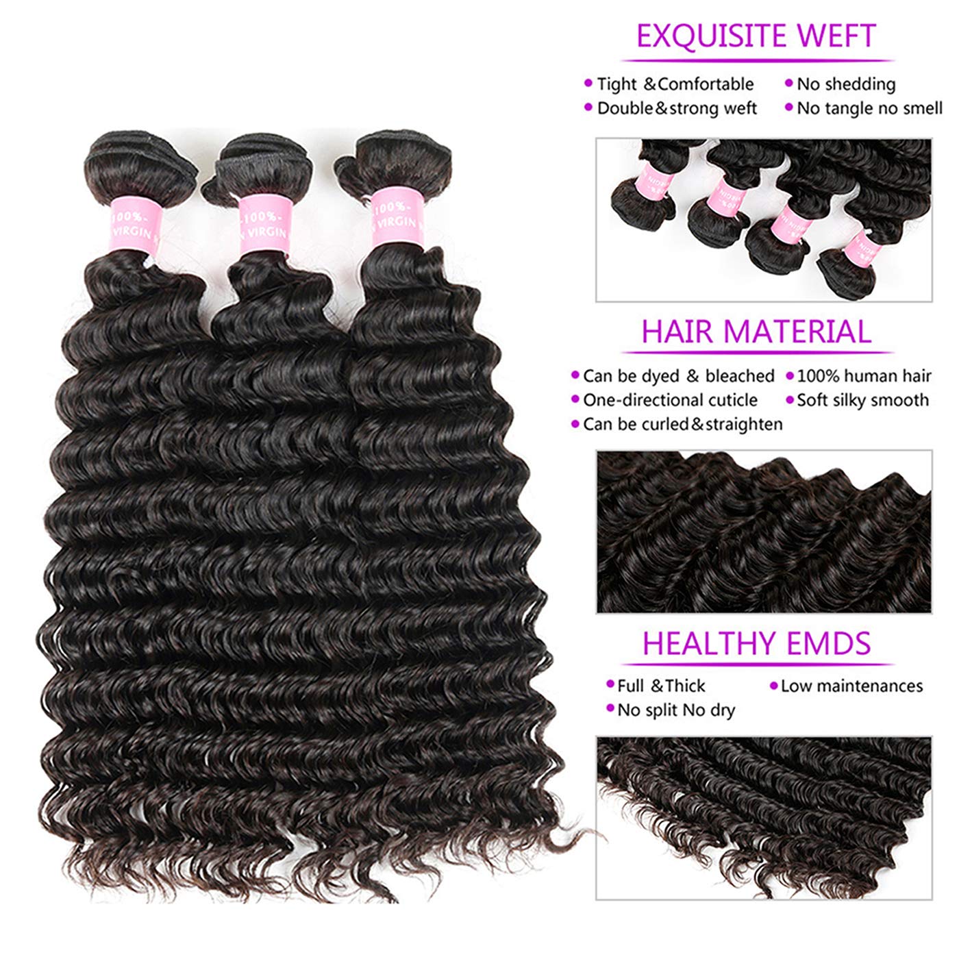 Brazilian 9A Deep Wave 3 Bundles With Closure Virgin Human Hair Bundles With 4X4 Middle Part Closure Unprocessed Virgin Human Ha