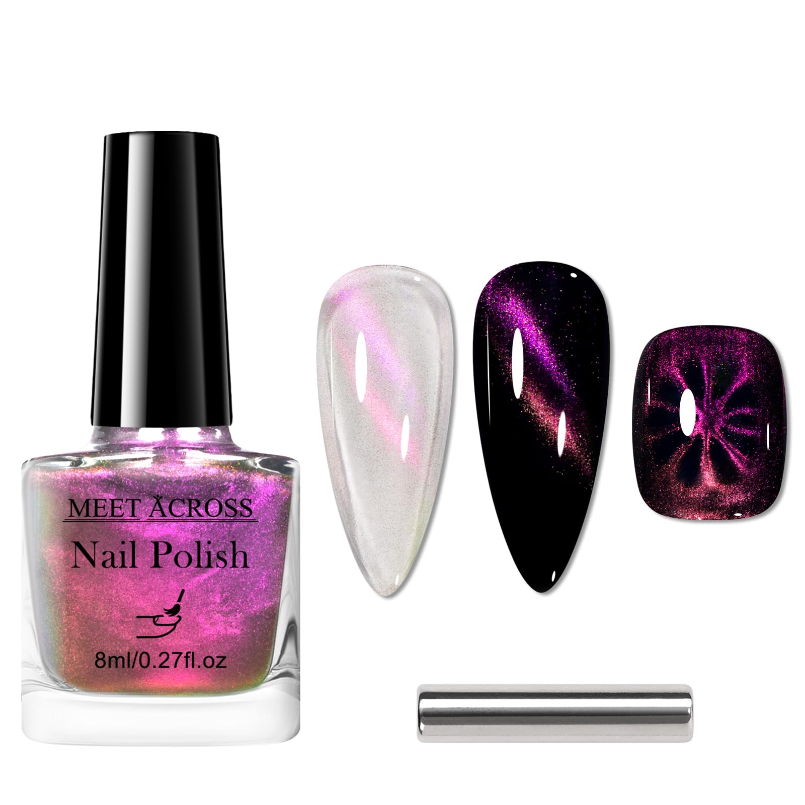 MEET ACROSS Purple Red Magnetic Nail Polish Non Gel, Quick Dry Glitter Nail Polish with Magnetic Stick Kit