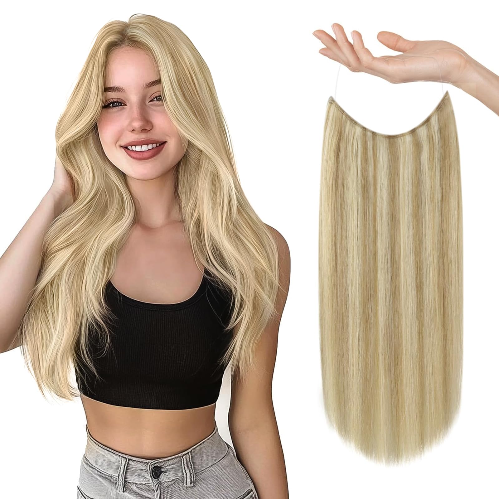 Sunny Wire Hair Extensions Real Human Hair Fish Line Human Hair Extensions Invisible Wire Extensions Honey Blonde with Platinum 