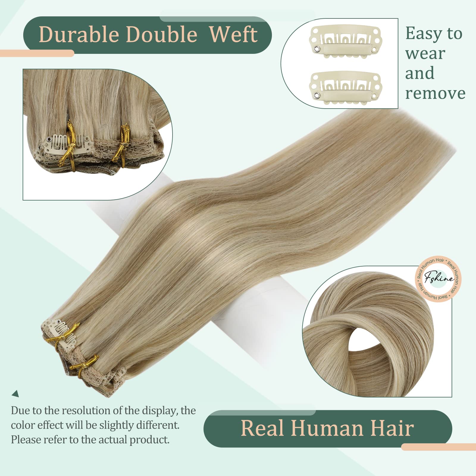 Clip In Hair Extensions Real Human Hair, Fshine Ash Blonde Highlighted Golden Blonde Clip In Human Hair Extensions Lace Double W