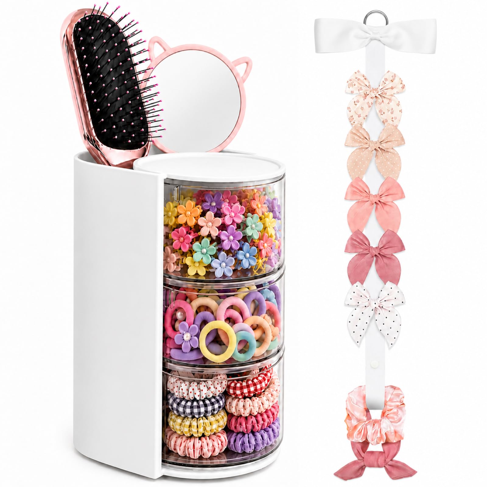 3Layer Hair Accessories Organizer with Large Bow Holder for Girls (White)