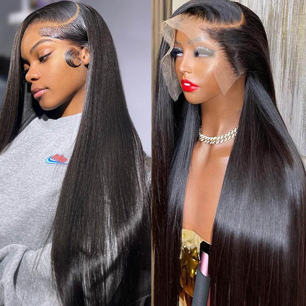 Lemoda Pre Bleached Knots Straight 13x4 Full Frontal Lace Wigs Human Hair 180 Density 30 inch Straight Human Hair Wigs For Black