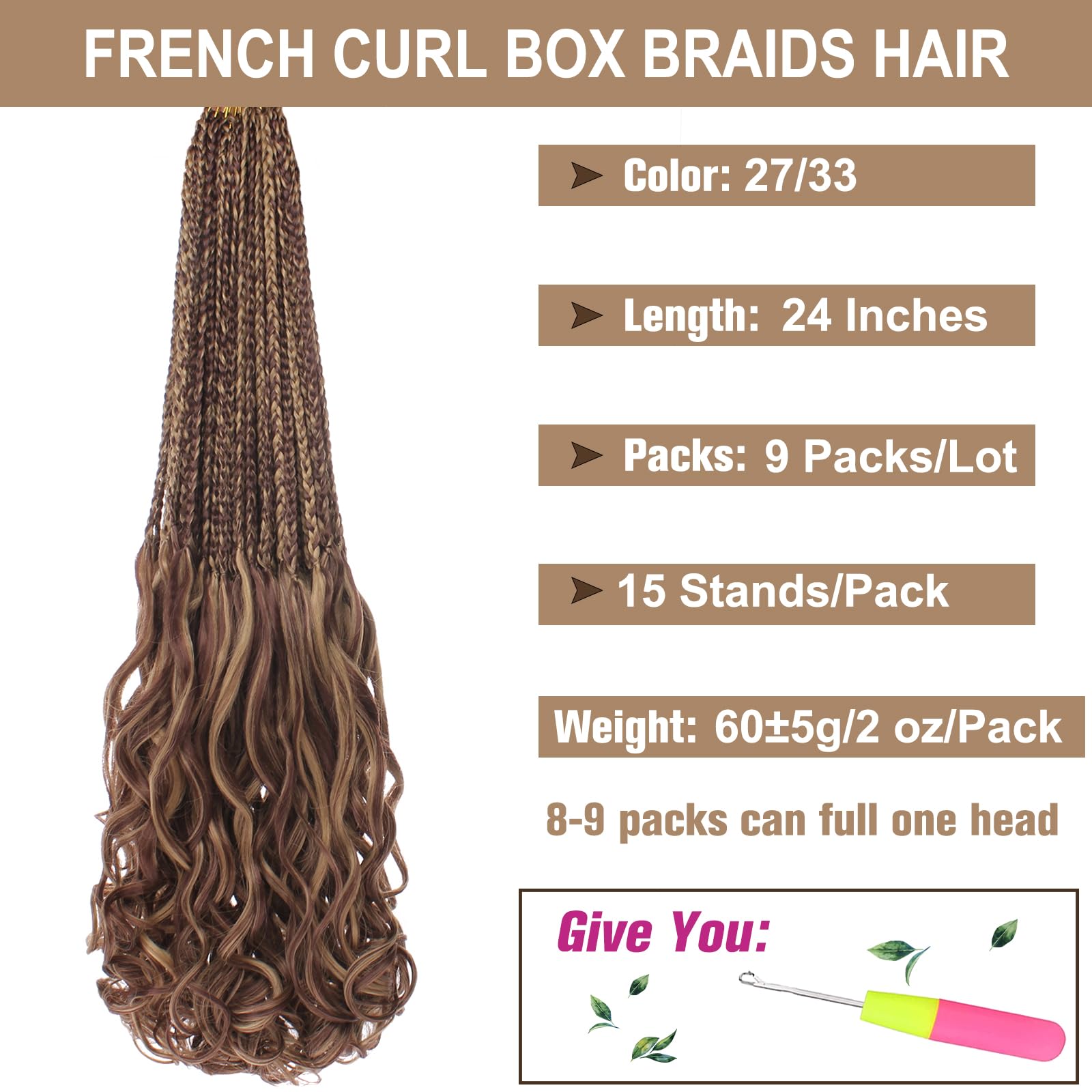 Cookoo 9 Pack 24 Inch French Curl Braids Crochet Hair Pre Looped Curly Box Braids Ombre Brown Loose Curly Synthetic Braiding Hai