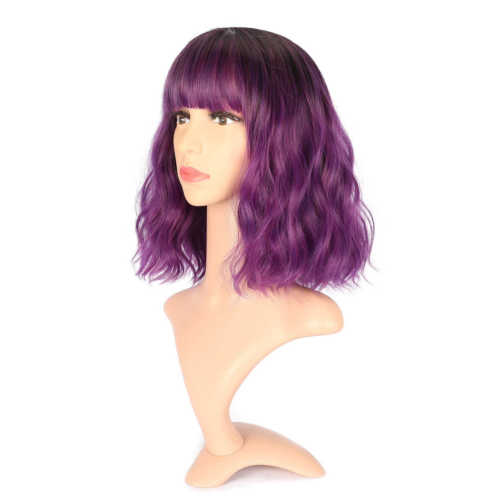 VCKOVCKO Ombre Color Natural Wavy Bob Wig With Air Bangs Short Bob Wigs Women's Shoulder Length Wigs Black to Purple Curly Wavy