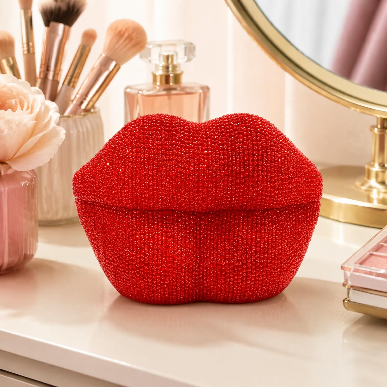 walhia Red Faux Beaded Lip Sculpture Jewelry Box, Vanity Decor