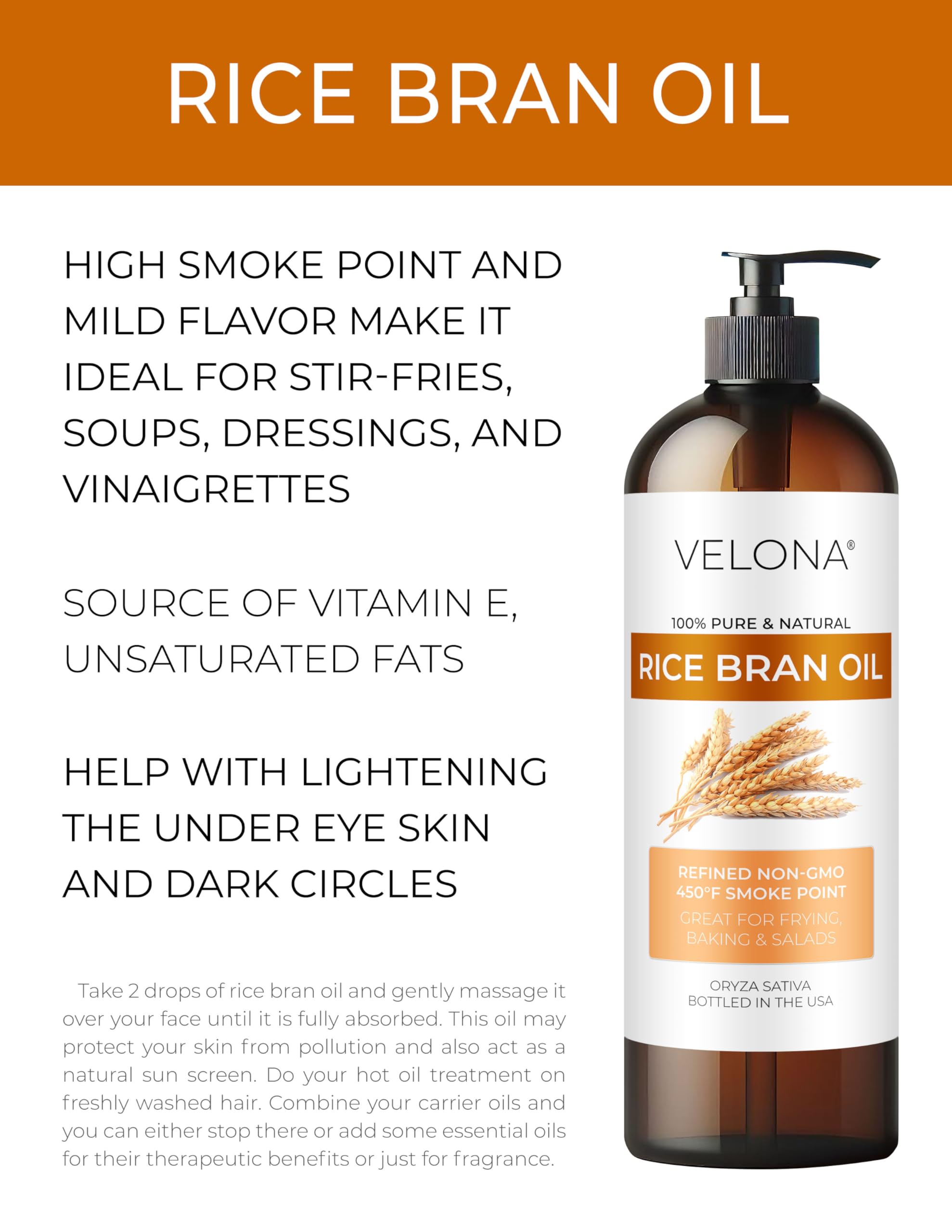 velona Rice Bran Oil 8 Fl Oz | 100% Pure and Natural Carrier Oil | Refined, Cold Pressed | Cooking, Face, Hair, Body & Skin Care