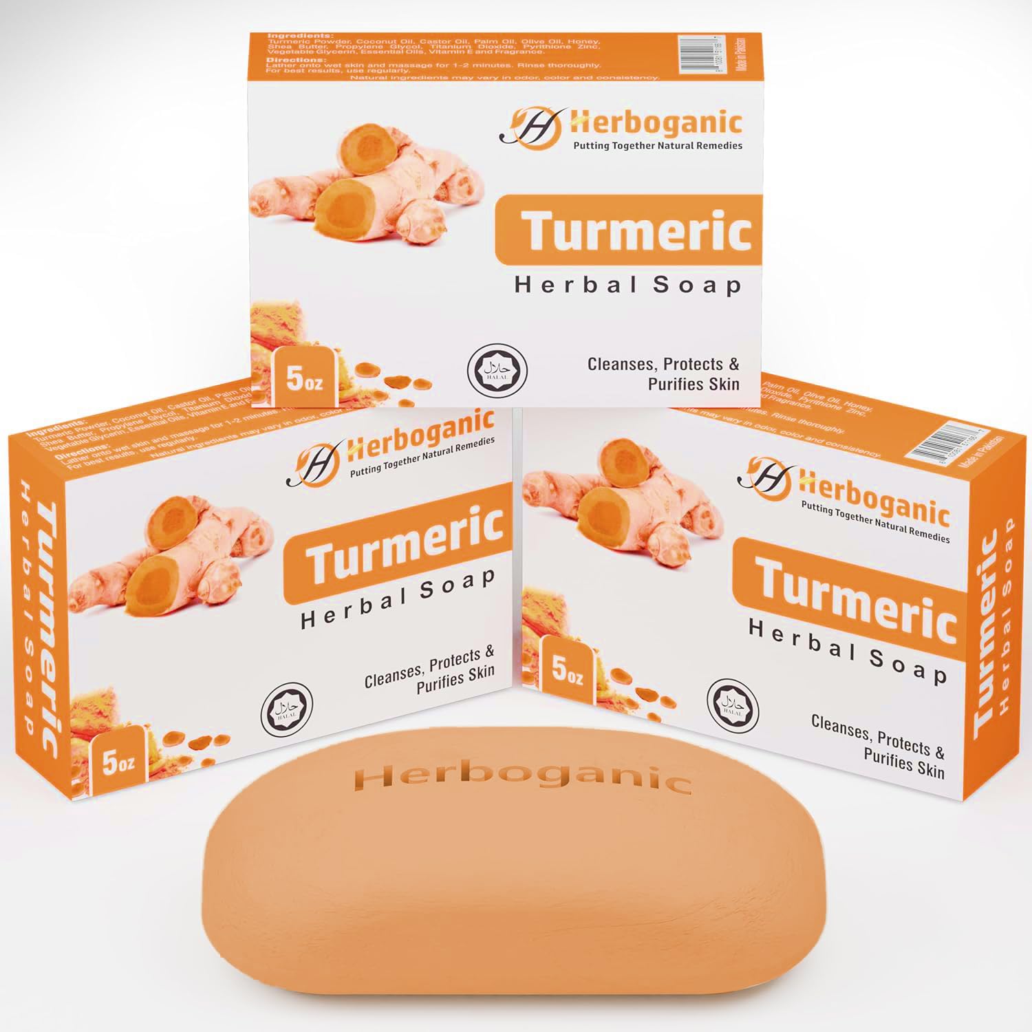 HERBOGANIC Turmeric Herbal Soap | Pack of 3 of 5oz soap Bar | Natural Bar Soap for Face and Body | Hydrating and Nourishing | Su