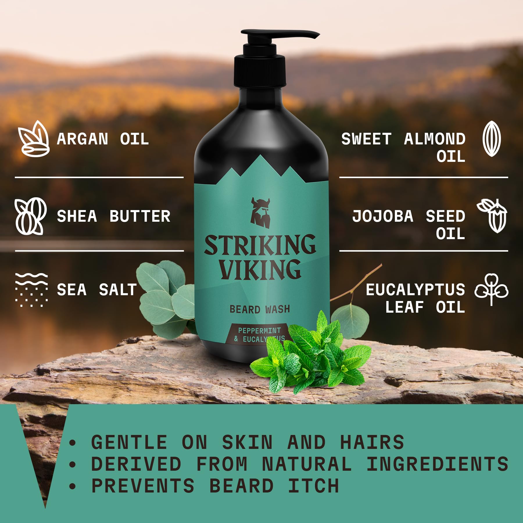Striking Viking Beard Wash (17 Oz) Natural Peppermint & Eucalyptus Scent - Beard Shampoo For Men Paraben & Sulfate Free - Deep C