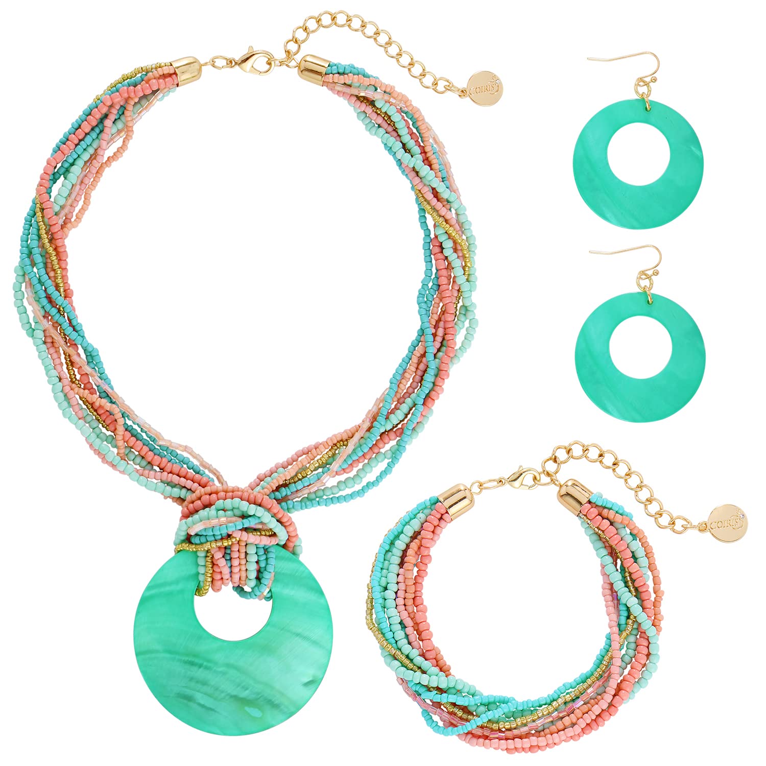 Coiris Multi Strand Statement Colorful Beaded Necklace with Big Circle Shell Pendant for Women (ST0012)