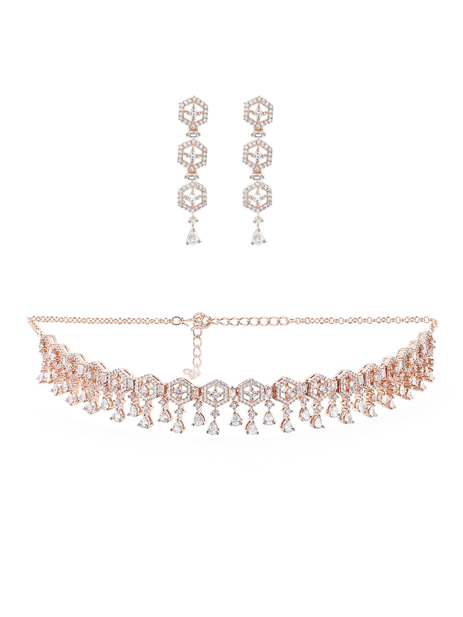 Zaveri Pearls Rose Gold Dazzling Cubic Zirconia Contemporary Necklace & Earring Set For WomenZpfk15167