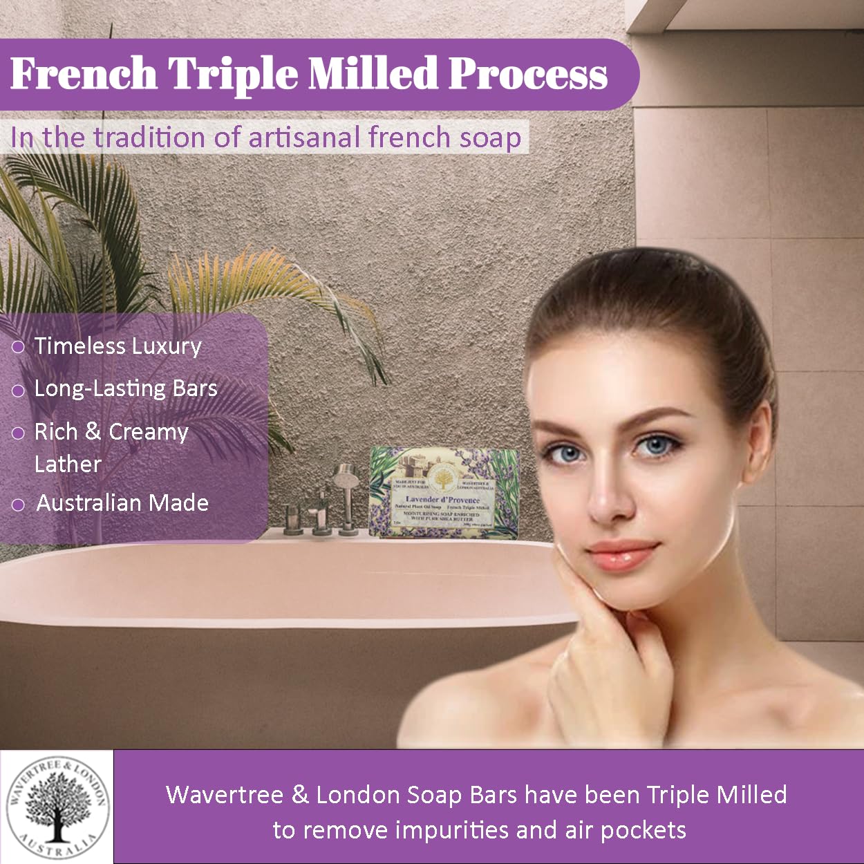 Wavertree & London Lavender Scented Natural Soap (2 Bars), 7Oz Moisturizing French Triple Milled Soap Bars Enriched With Shea Bu