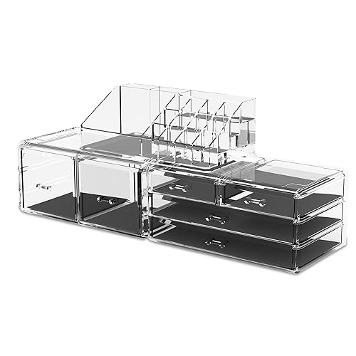 READAEER Makeup Organizer 3 Pieces Cosmetic Storage Case with 6 Drawers (Clear)
