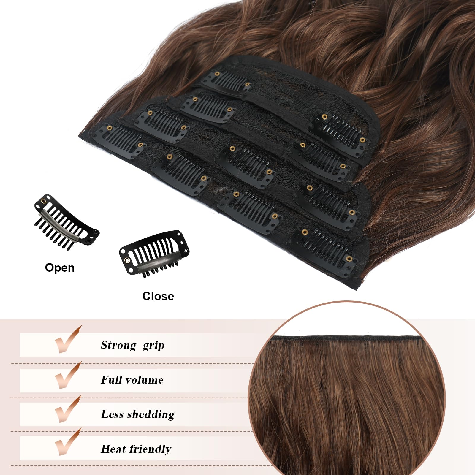 Feshfen Clip In Hair Extensions - 4 Pcs Long Wavy Mixed Brown Thick Hairpieces Clip In Hair Piece Full Head Synthetic Hair Exten
