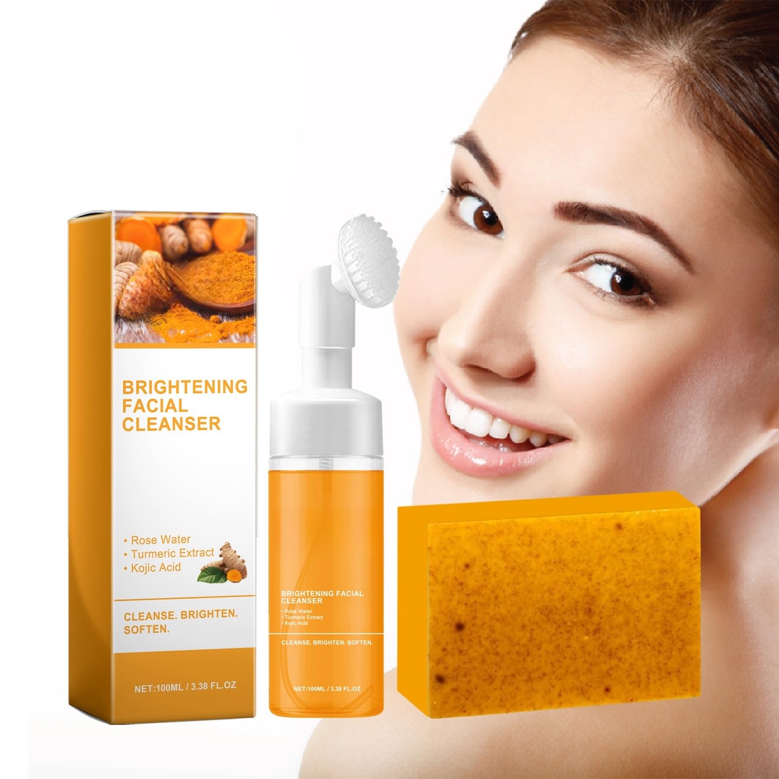 Turmeric Wash and Care Two Piece Set, Tuemeric Facial Cleanser & Turmeric Soap Combo, Turmeric Cleansing Mousse, Turmeric Face W