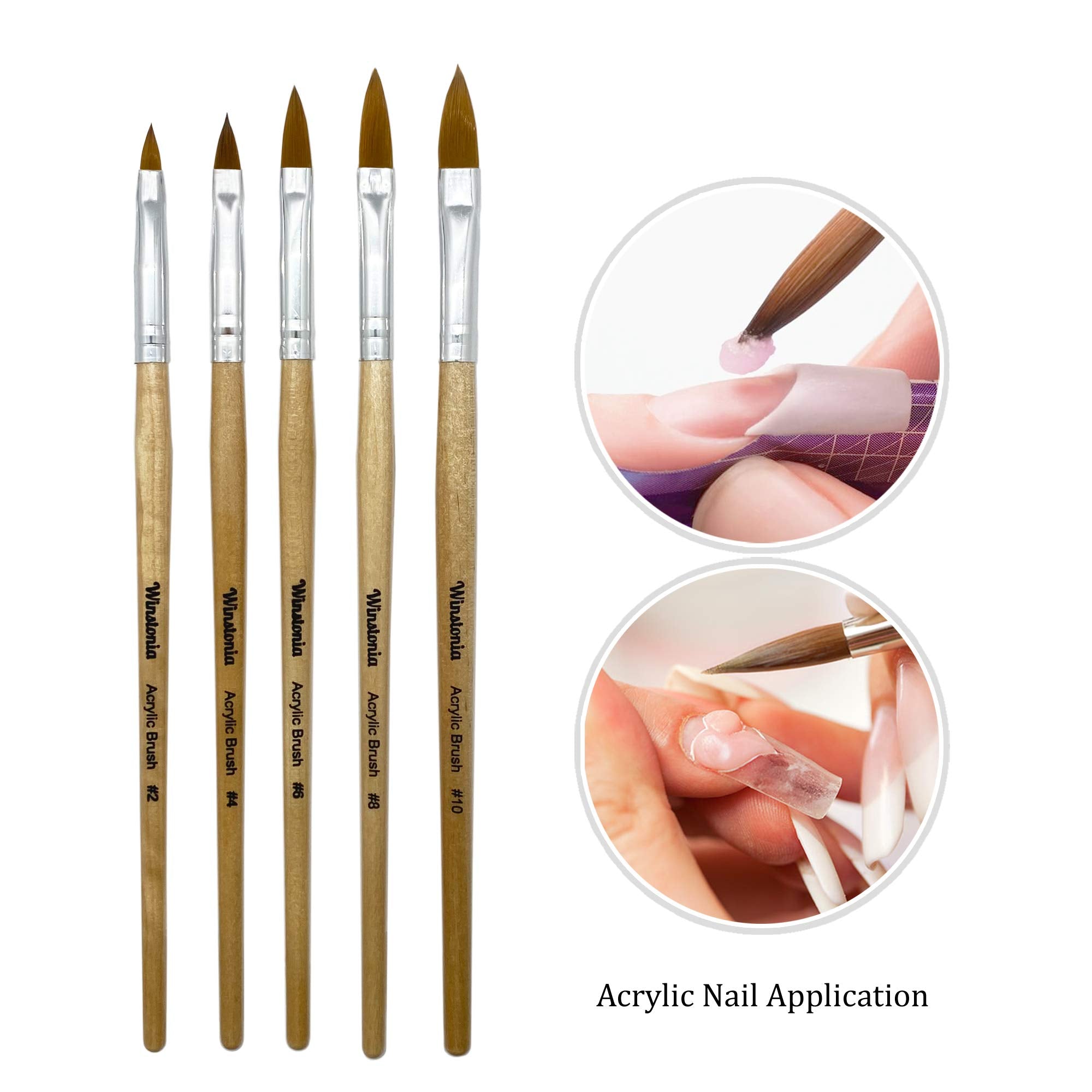 Winstonia Acrylic Nail Brush Set 5 Pcs Size 2,4,6,8,10 - Professional Brushes Kit Oval Shape For Liquid And Powder Uses Salon Qu