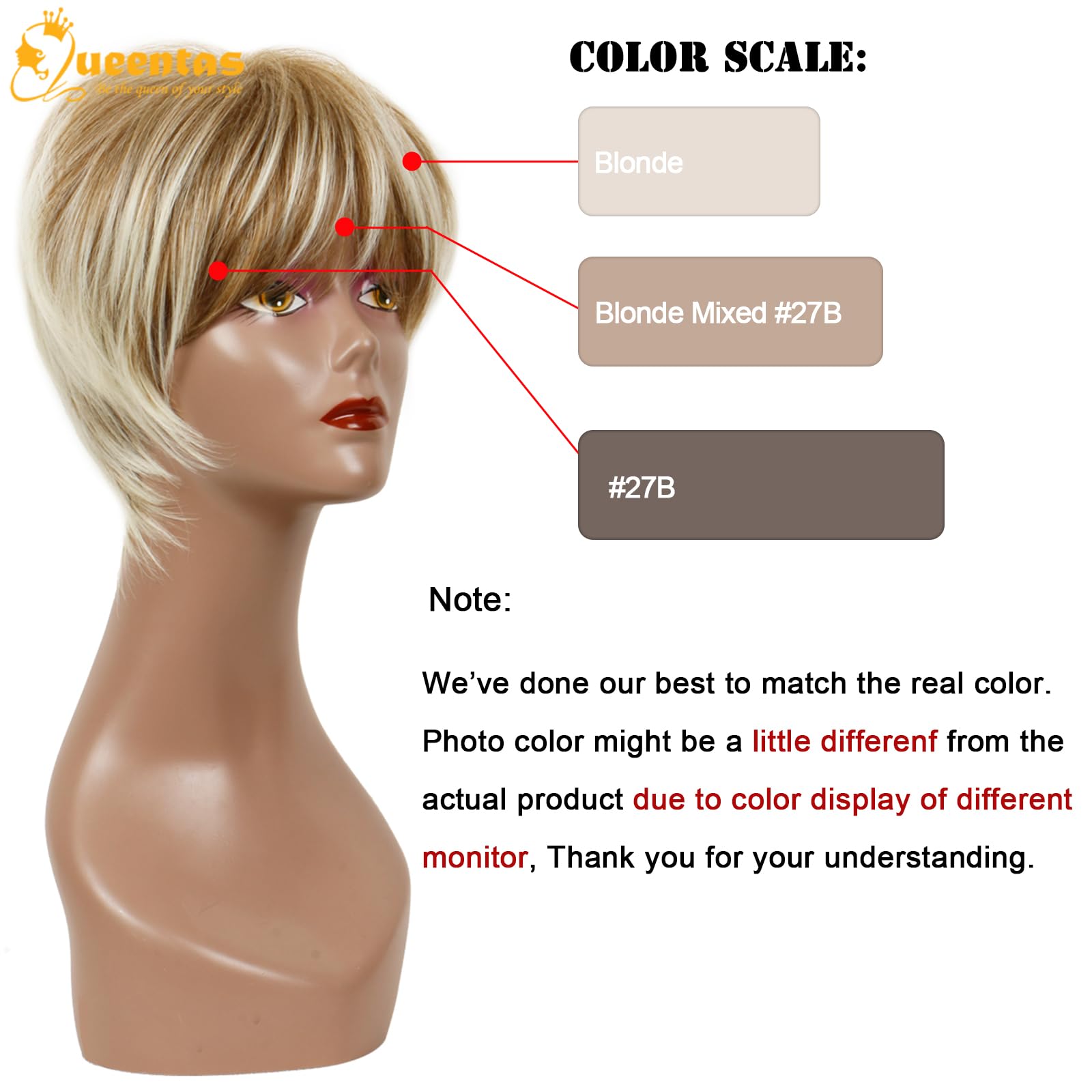 Queentas Pixie Layered Short Blonde Wigs For White Women Black Women Synthetic Hair (Blonde Mixed Brown)