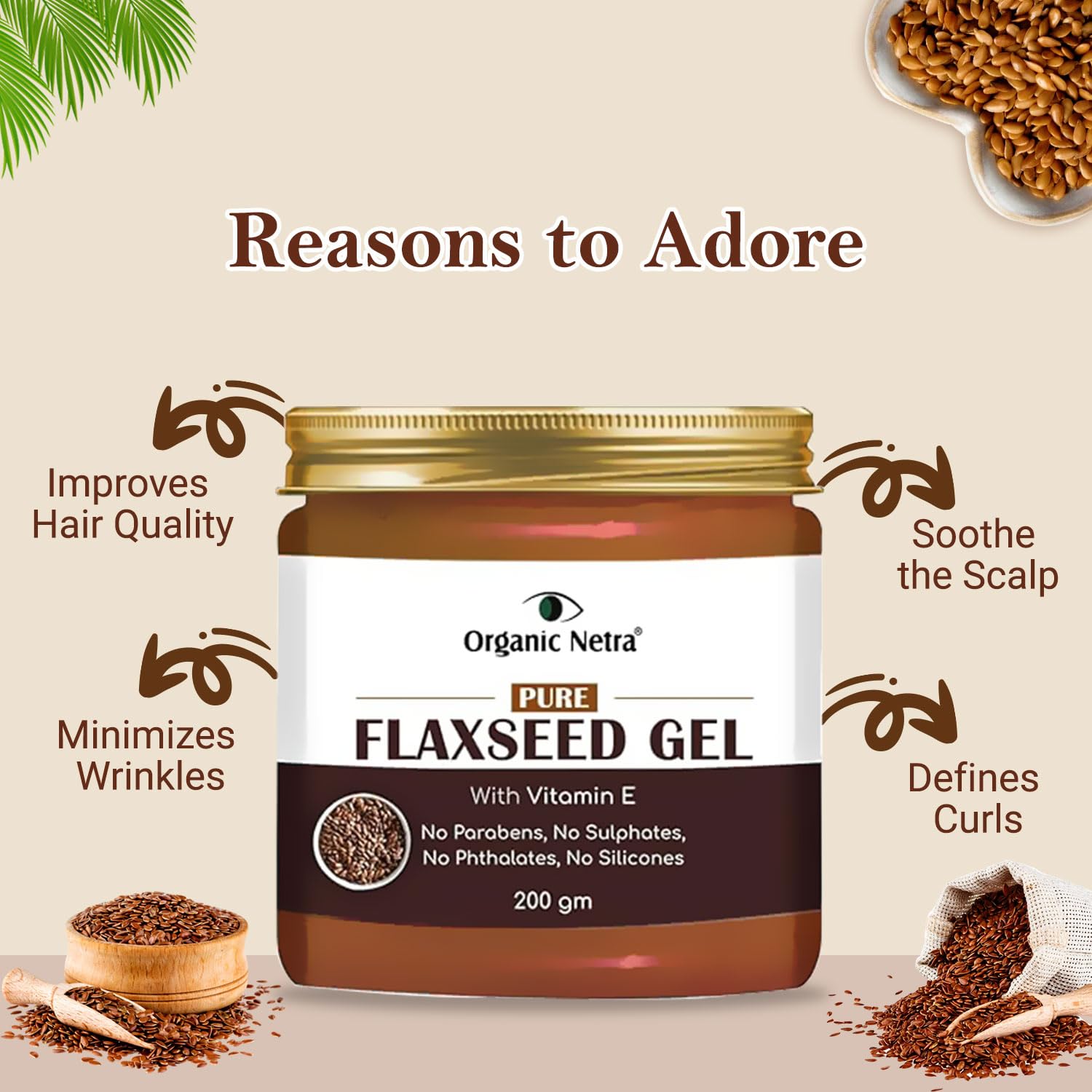 Organic Netra Pure Flaxseed Gel With Vitamin E For Hair & Skin, Strengthens & Nourishes Hair & Skin Health, Safe & Mild for All