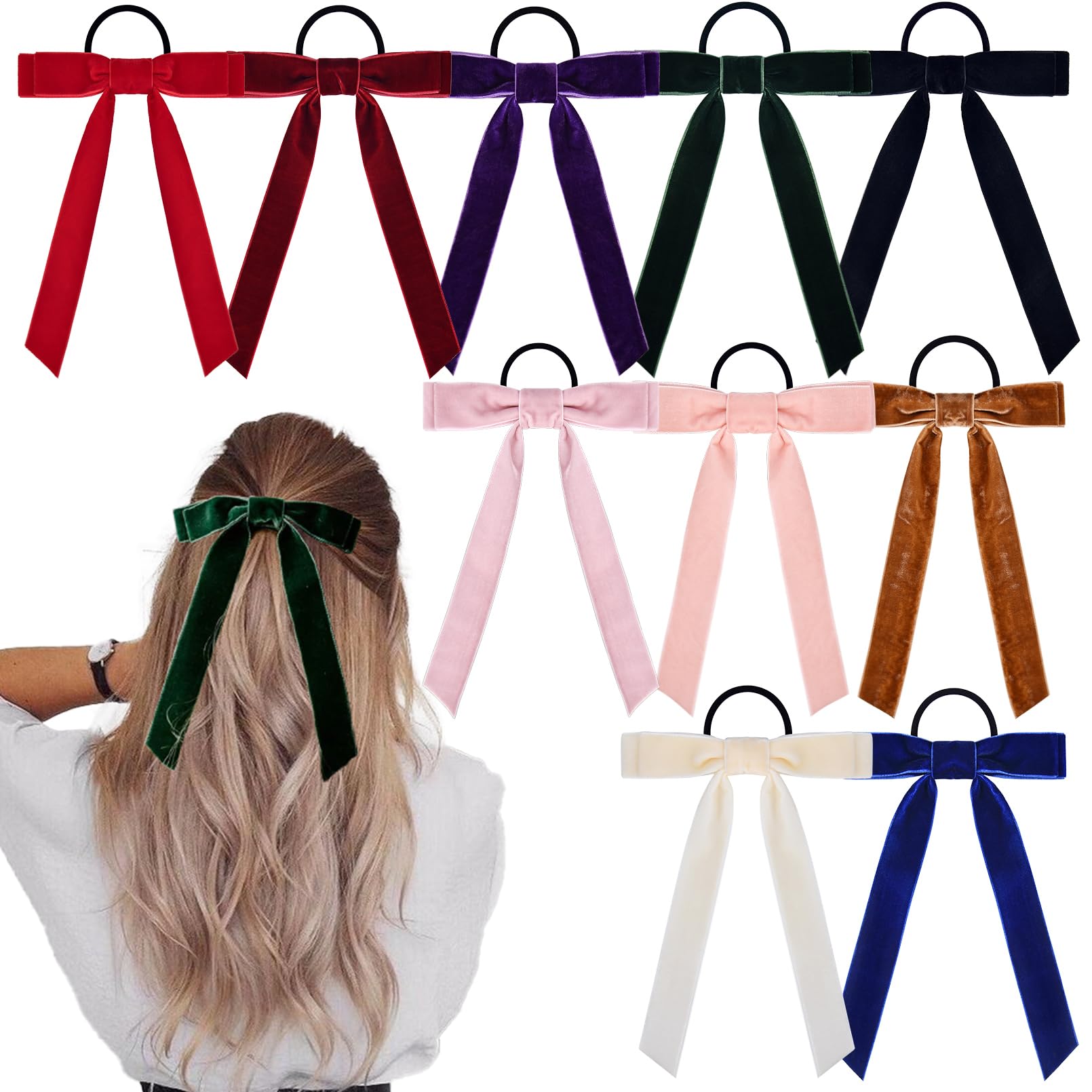 10Pcs Bow Hair Tie Velvet Hair Ribbon Elastics Hair Scrunchies Long Ponytail Holder Hair Bow Bands Rope Accessories For Women Gi
