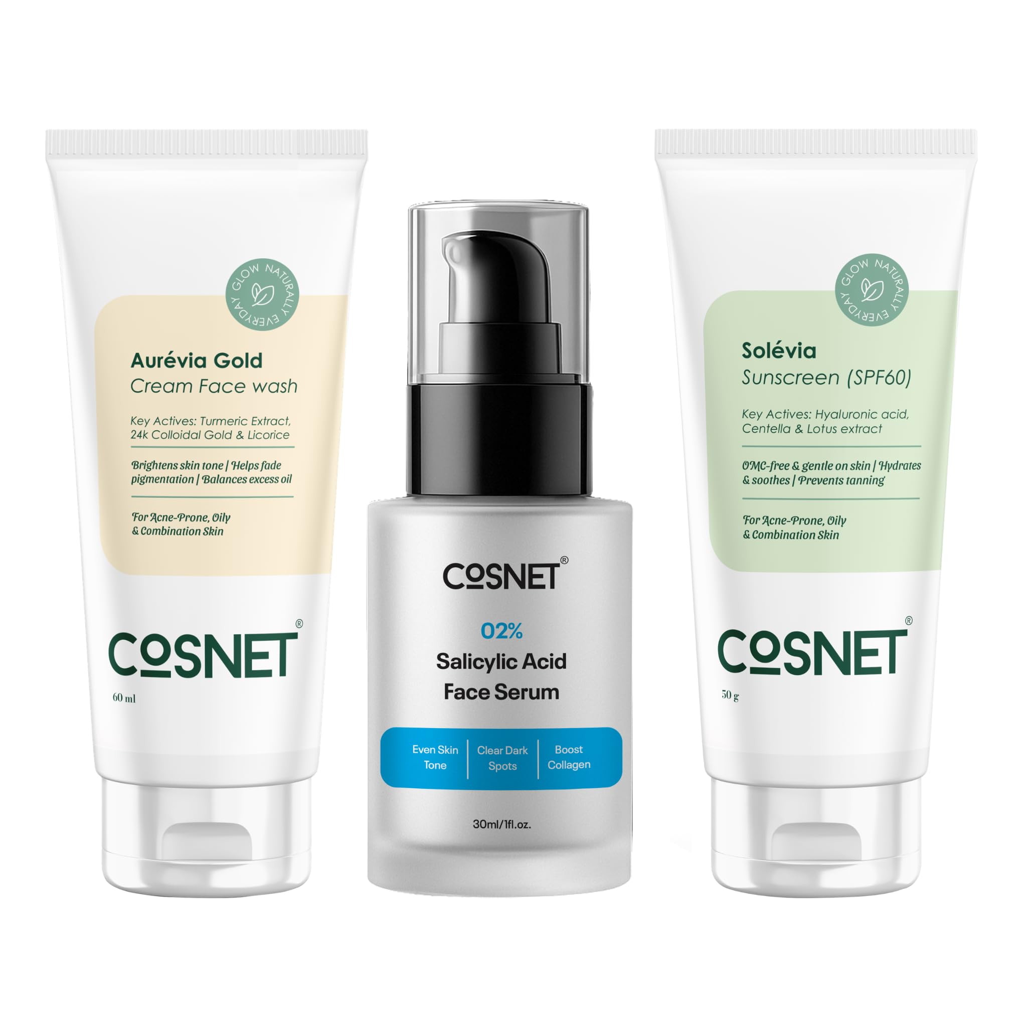 Cosnet Skincare Essentials For Men & Women, Face Wash 60Ml, Face Serum 30Ml & Sunscreen Spf 60 50G, Daily Skin Care Kit For Clea